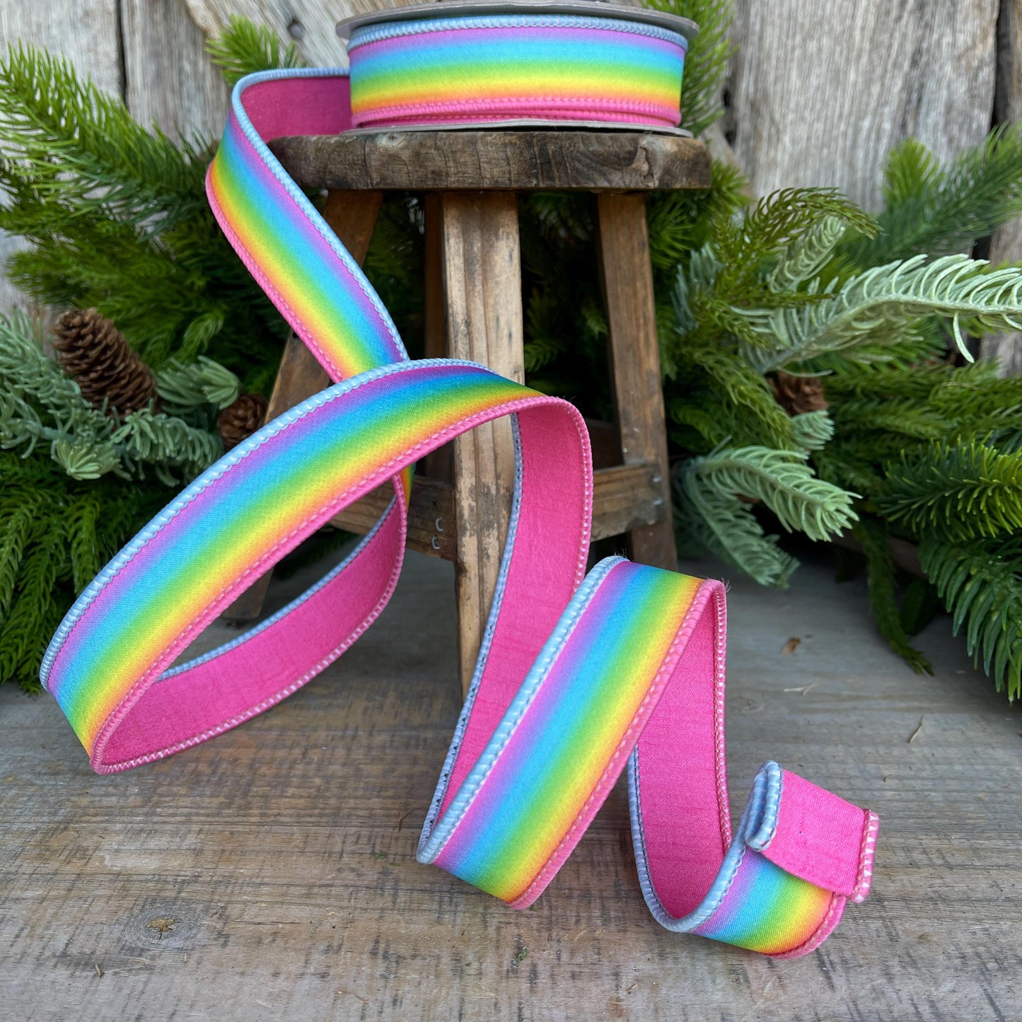 1" Magic Rainbow Ribbon, Farrisilk Ribbon, Wired Ribbon, Pastel Rainbow Ribbon, Spring Ribbon, Rainbow Decor, SR037-32