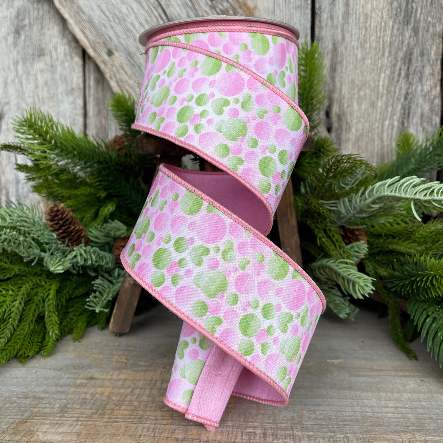 2.5" Pink Green Bubble Ribbon, Farrisilk Ribbon, Wired Ribbon, Love Bubbles Ribbon, Light Pink Green Ribbon, Spring Ribbon, SR054-32