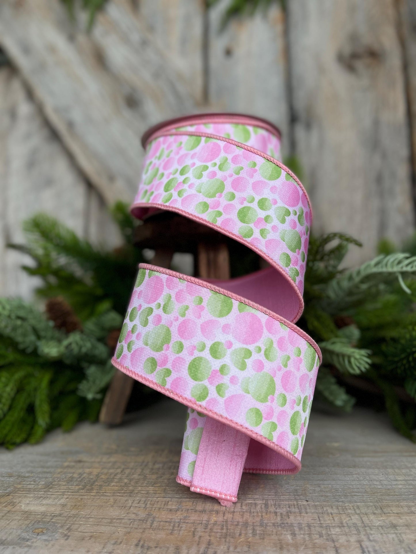 2.5" Pink Green Bubble Ribbon, Farrisilk Ribbon, Wired Ribbon, Love Bubbles Ribbon, Light Pink Green Ribbon, Spring Ribbon, SR054-32