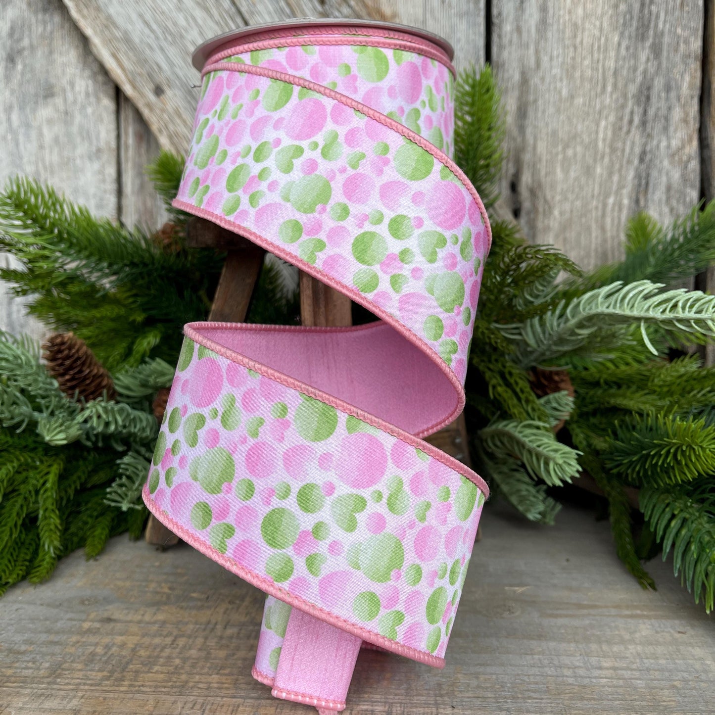 2.5" Pink Green Bubble Ribbon, Farrisilk Ribbon, Wired Ribbon, Love Bubbles Ribbon, Light Pink Green Ribbon, Spring Ribbon, SR054-32