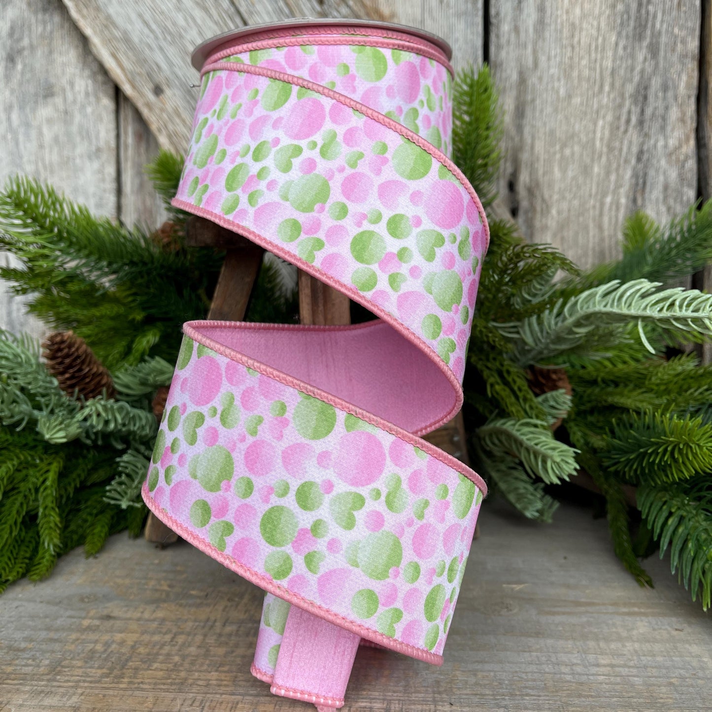2.5" Pink Green Bubble Ribbon, Farrisilk Ribbon, Wired Ribbon