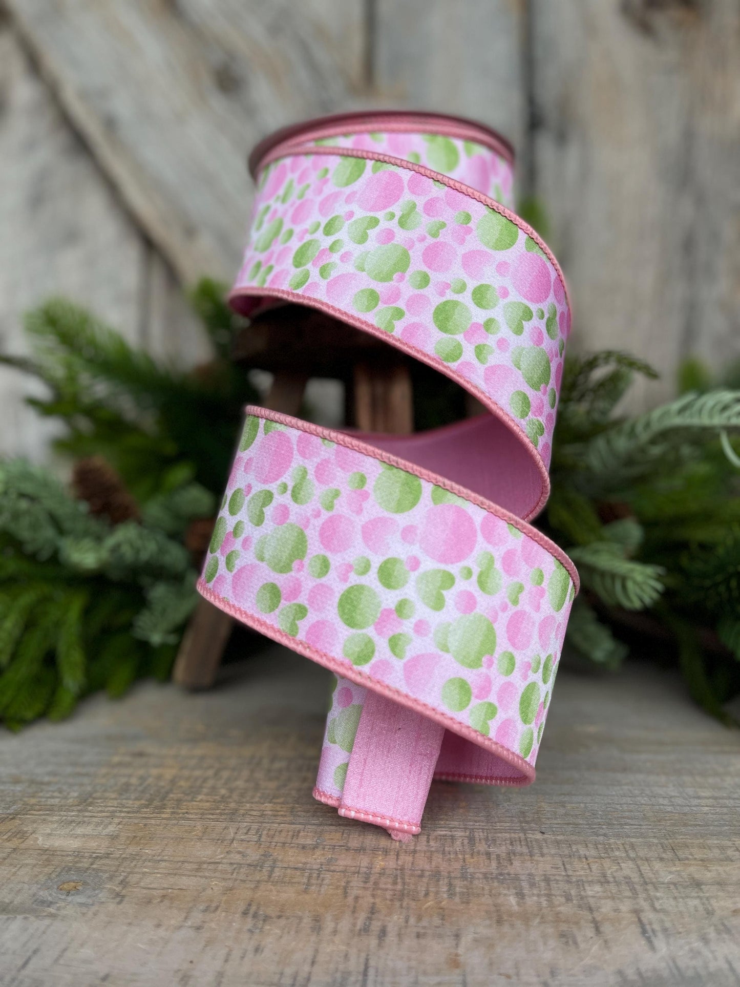 2.5" Pink Green Bubble Ribbon, Farrisilk Ribbon, Wired Ribbon, Love Bubbles Ribbon, Light Pink Green Ribbon, Spring Ribbon, SR054-32