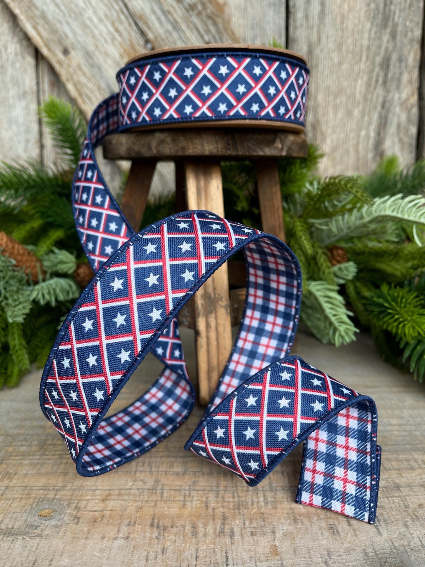 1.5" Patriotic Ribbon, Wired Ribbon, Star Ribbon, Red White Blue Ribbon, 4th of July Ribbon, 9553W-032-38E