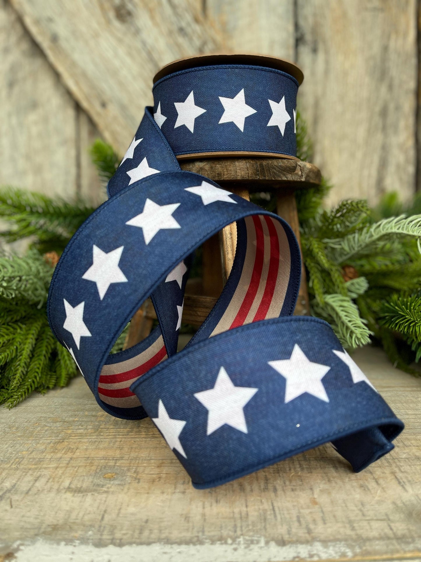 2.5" Patriotic Wired Ribbon, Blue Stars Tea-Stained Red Stripes, Americana Ribbon, Rustic 4th of July Decor, 9556W-032-63C