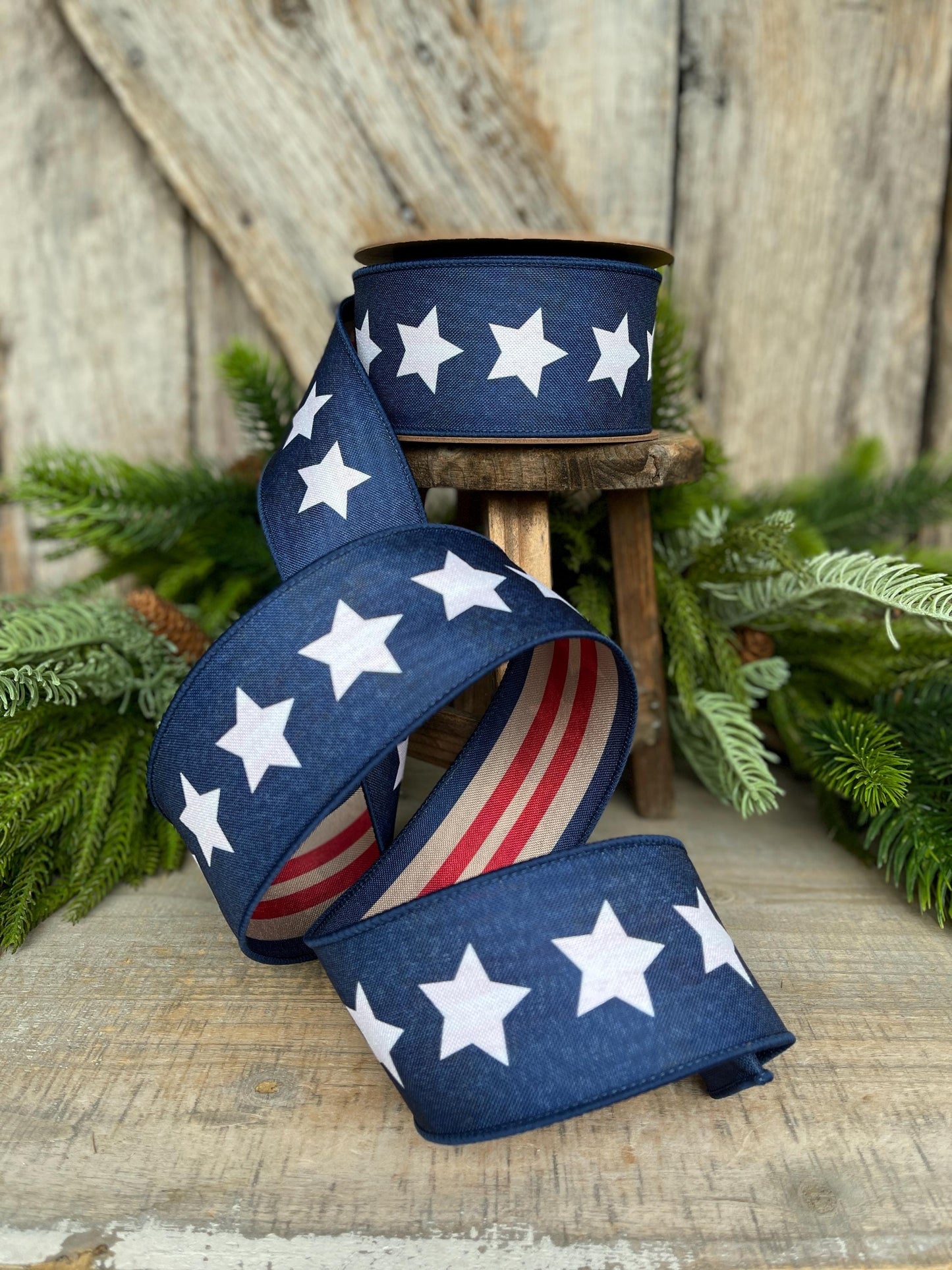 2.5" Patriotic Wired Ribbon, Blue Stars Tea-Stained Red Stripes, Americana Ribbon, Rustic 4th of July Decor, 9556W-032-63C