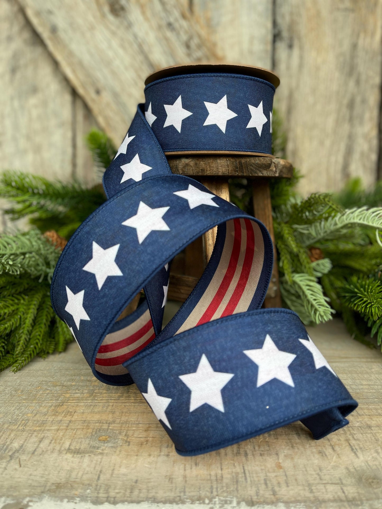 2.5" Patriotic Wired Ribbon, Blue Stars Tea-Stained Red Stripes, Americana Ribbon, Rustic 4th of July Decor, 9556W-032-63C
