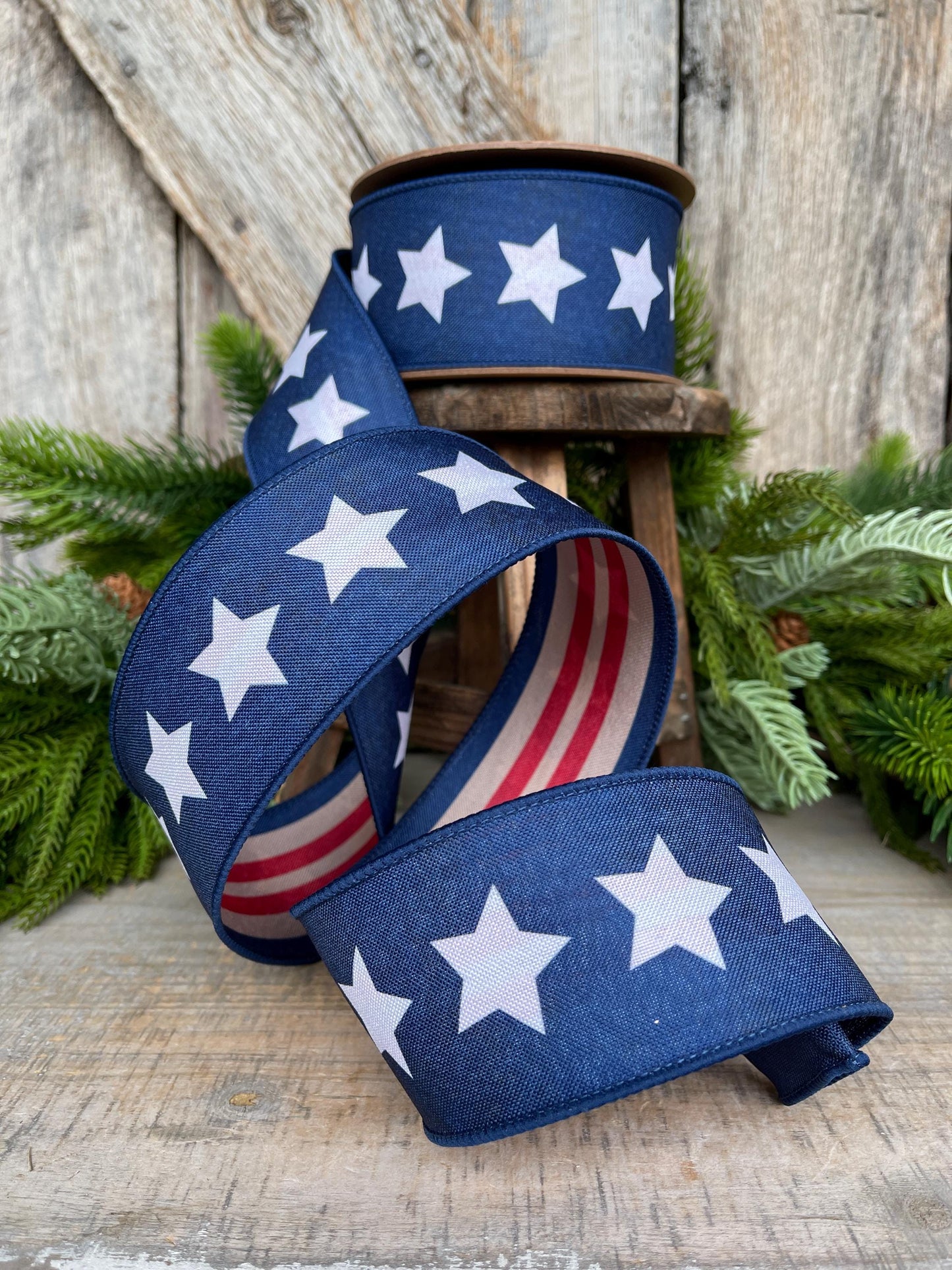 2.5" Patriotic Wired Ribbon, Blue Stars Tea-Stained Red Stripes, Americana Ribbon, Rustic 4th of July Decor, 9556W-032-63C