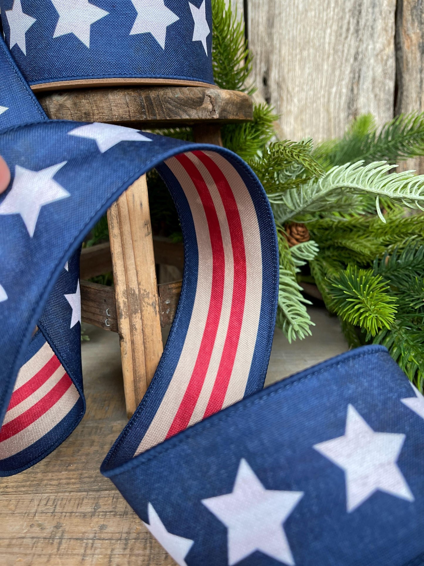 2.5" Patriotic Wired Ribbon, Blue Stars Tea-Stained Red Stripes, Americana Ribbon, Rustic 4th of July Decor, 9556W-032-63C