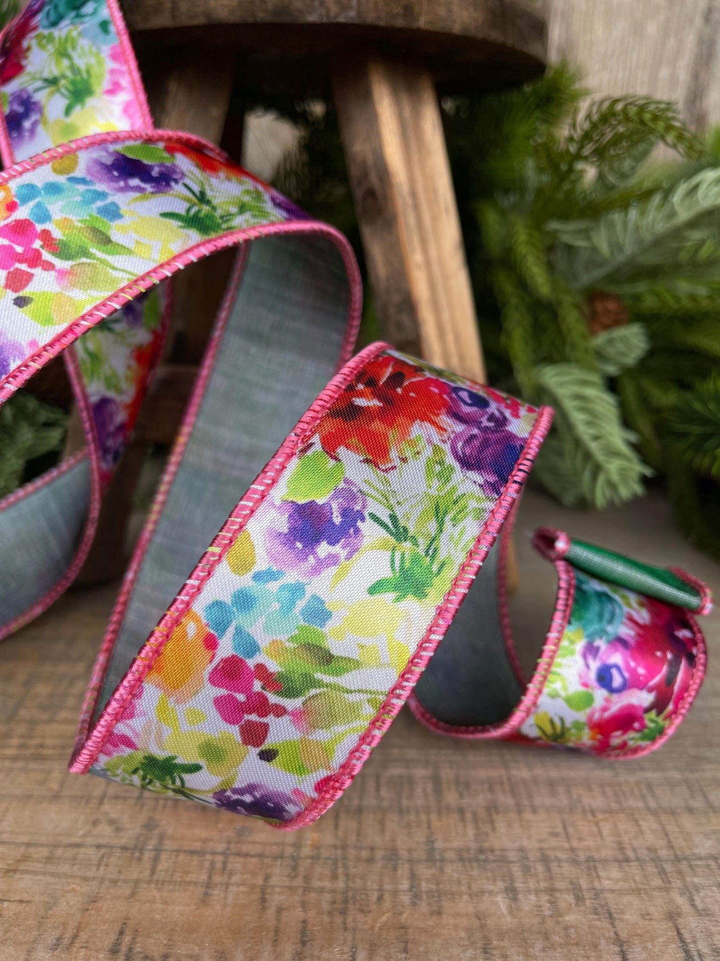 1.5" Floral Ribbon, wired Ribbon, Spring Ribbon, Summer Ribbon, Pink Floral Ribbon, Designer Ribbon, 94546W-001-09F