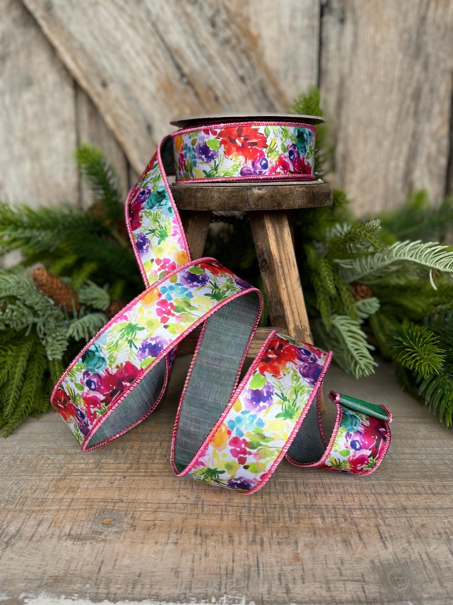 1.5" Floral Ribbon, wired Ribbon, Spring Ribbon, Summer Ribbon, Pink Floral Ribbon, Designer Ribbon, 94546W-001-09F