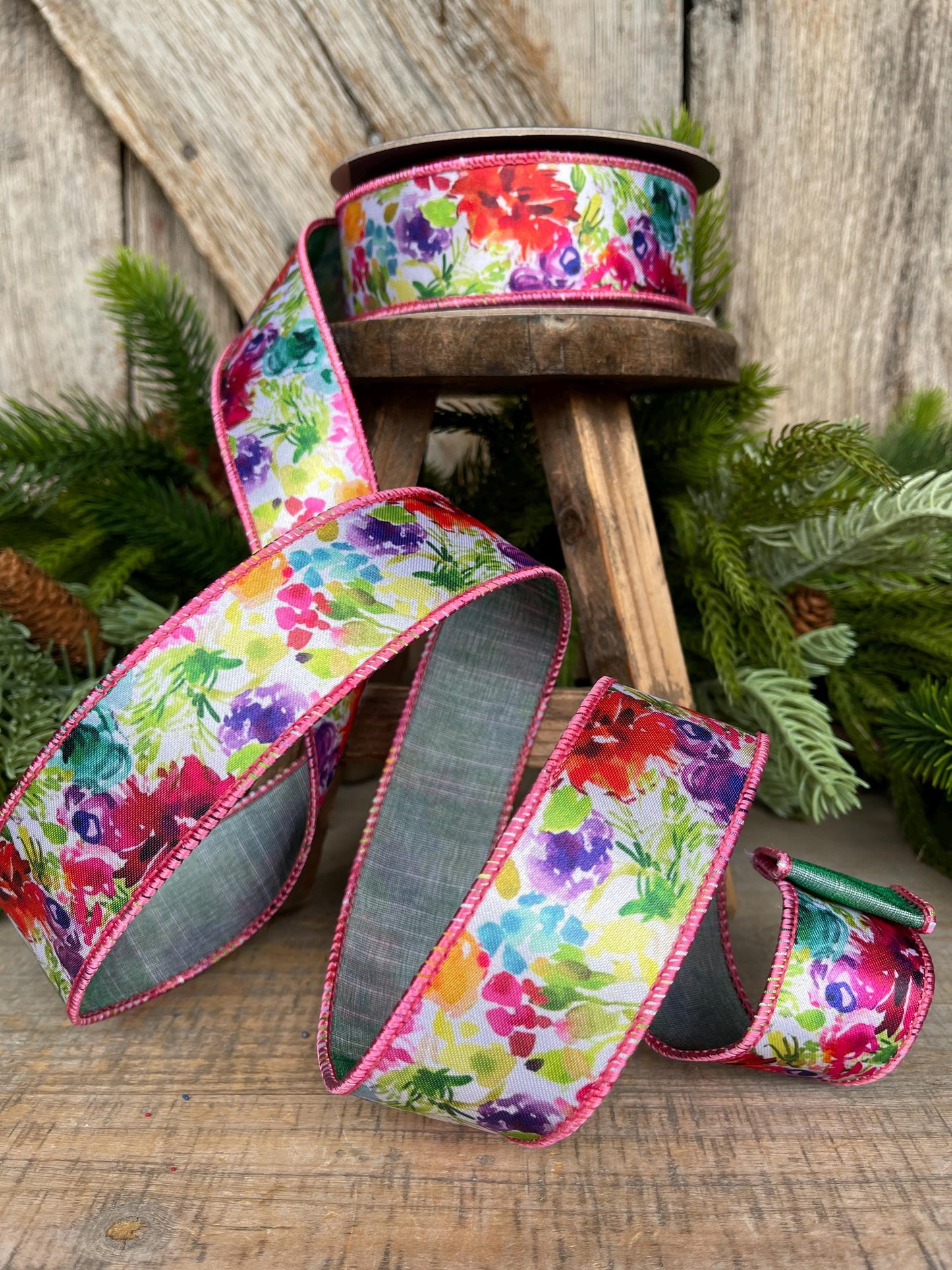 1.5" Floral Ribbon, wired Ribbon, Spring Ribbon, Summer Ribbon, Pink Floral Ribbon, Designer Ribbon, 94546W-001-09F