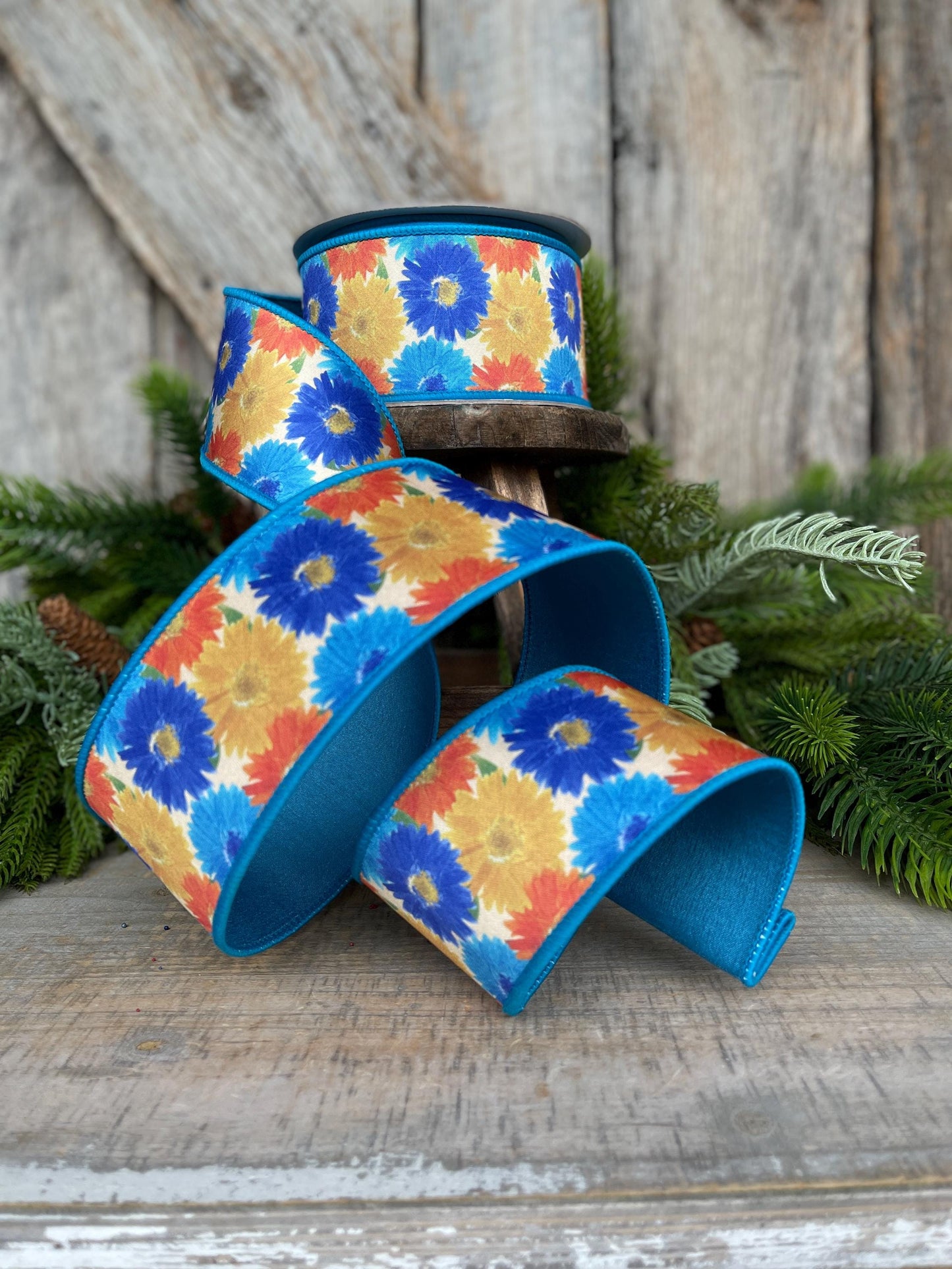 2.5" Vibrant Daisies Ribbon, Farrisilk Ribbon, Blue Yellow Ribbon, Designer Ribbon, Turquoise Ribbon, Floral Ribbon, SR084-32