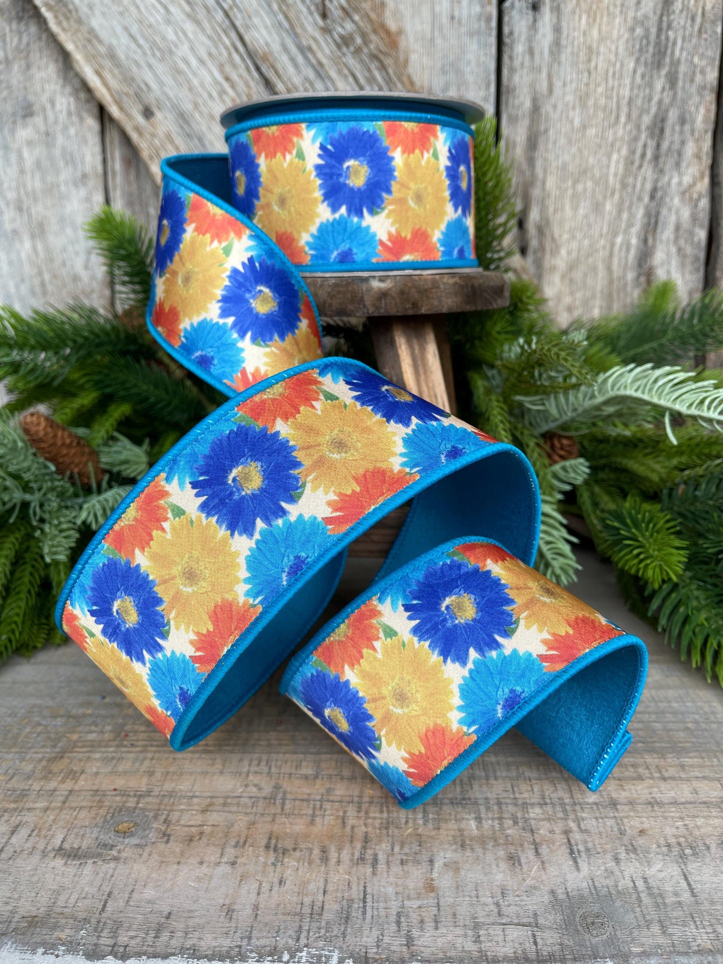 2.5" Vibrant Daisies Ribbon, Farrisilk Ribbon, Blue Yellow Ribbon, Designer Ribbon, Turquoise Ribbon, Floral Ribbon, SR084-32