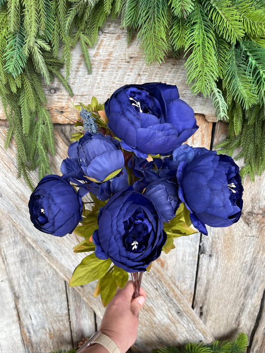 20" Royal Blue Peony Bush, Artificial Peony, Blue Peony Bush