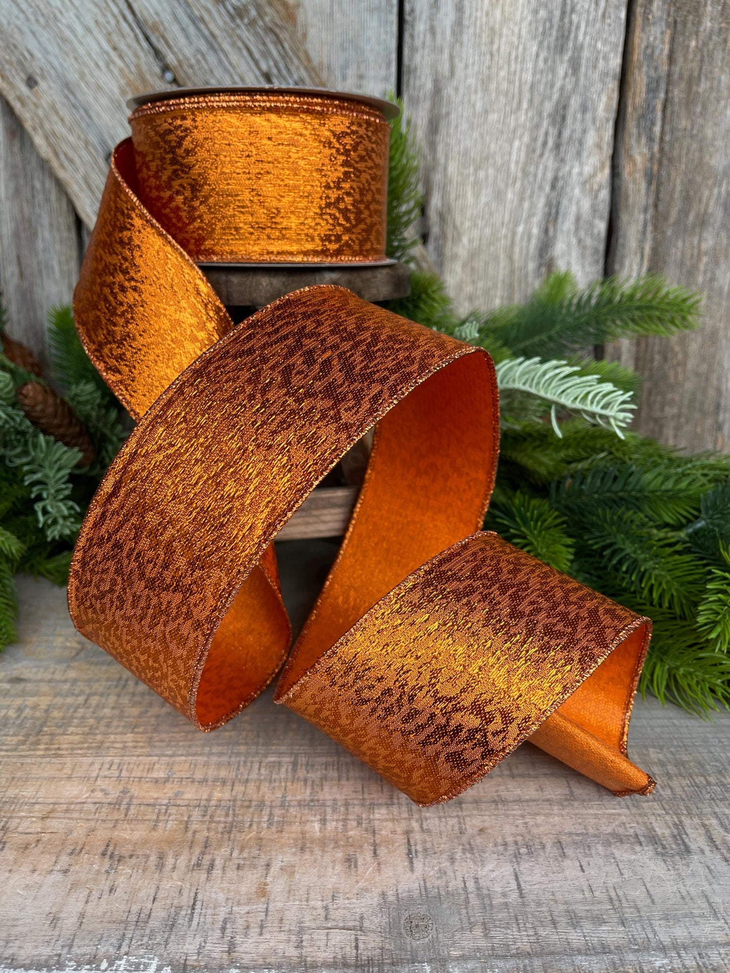 2.5" Orange Metalic Tinsel Ribbon, Farrisilk, wired Ribbon, Halloween Ribbon, Orange Ribbon, wreath supply, ribbon for bows, RS151-52