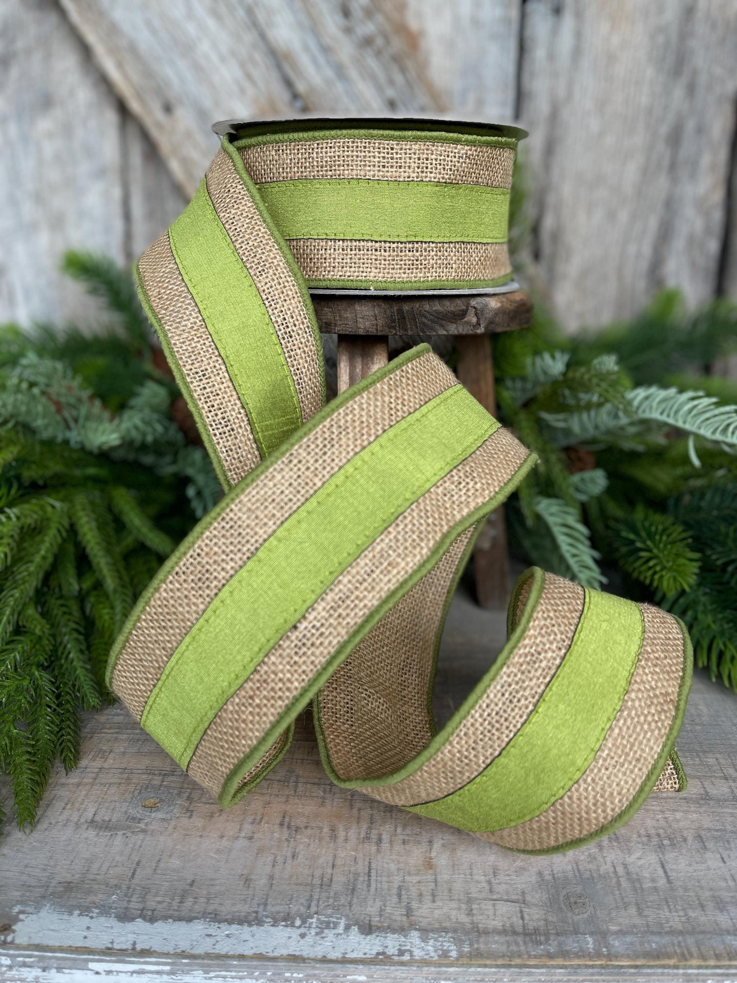 2.5" Green Burlap Border Ribbon, Farrisilk Ribbon, Wired Ribbon, Fall Ribbon, Olive Green Ribbon, Moss Green Ribbon, Burlap Ribbon, SR094-61