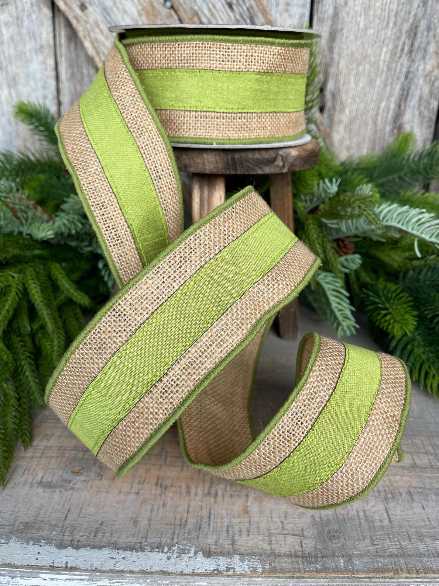 2.5" Green Burlap Border Ribbon, Farrisilk Ribbon, Wired Ribbon, Fall Ribbon, Olive Green Ribbon, Moss Green Ribbon, Burlap Ribbon, SR094-61