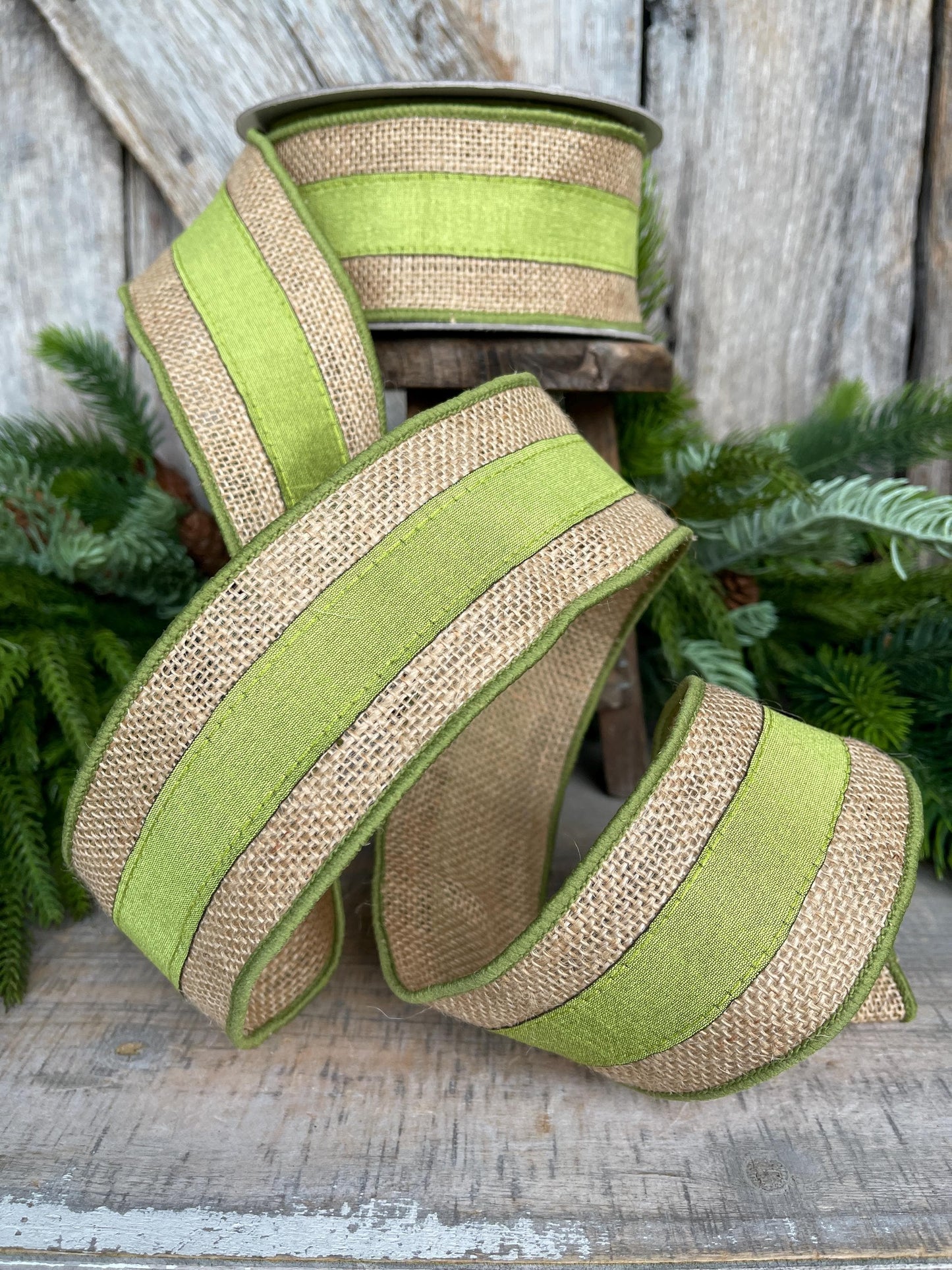 2.5" Green Burlap Border Ribbon, Farrisilk Ribbon, Wired Ribbon, Fall Ribbon, Olive Green Ribbon, Moss Green Ribbon, Burlap Ribbon, SR094-61