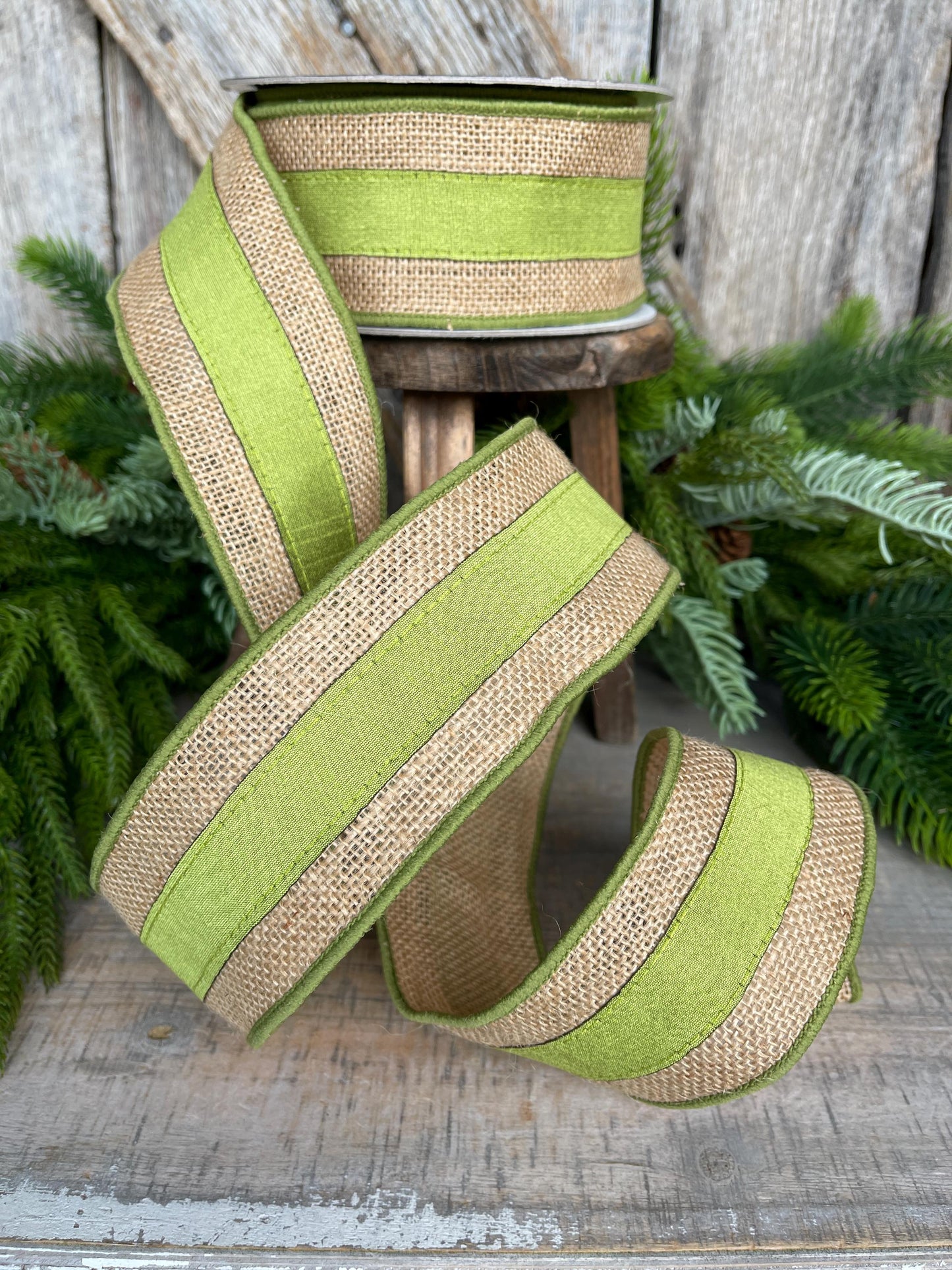 2.5" Green Burlap Border Ribbon, Farrisilk Ribbon, Wired Ribbon, Fall Ribbon, Olive Green Ribbon, Moss Green Ribbon, Burlap Ribbon, SR094-61