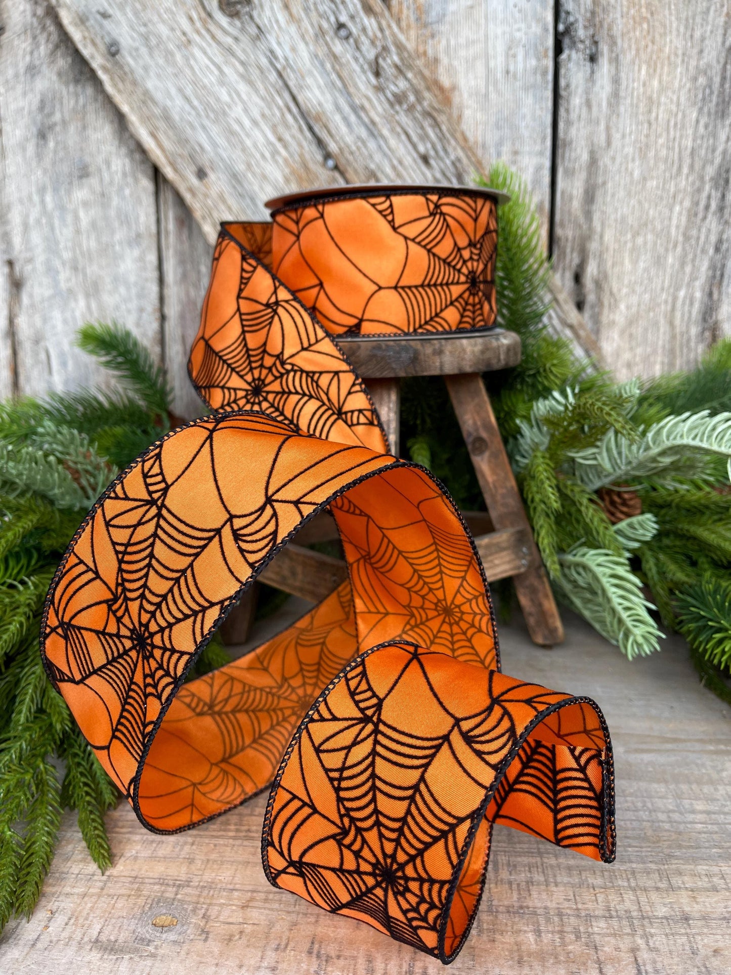 2.5" Orange Spooky Webs Ribbon, Farrisilk Ribbon, Halloween Ribbon, Wired Ribbon, Orange Halloween Ribbon, Spider Web Ribbon, RS145-52
