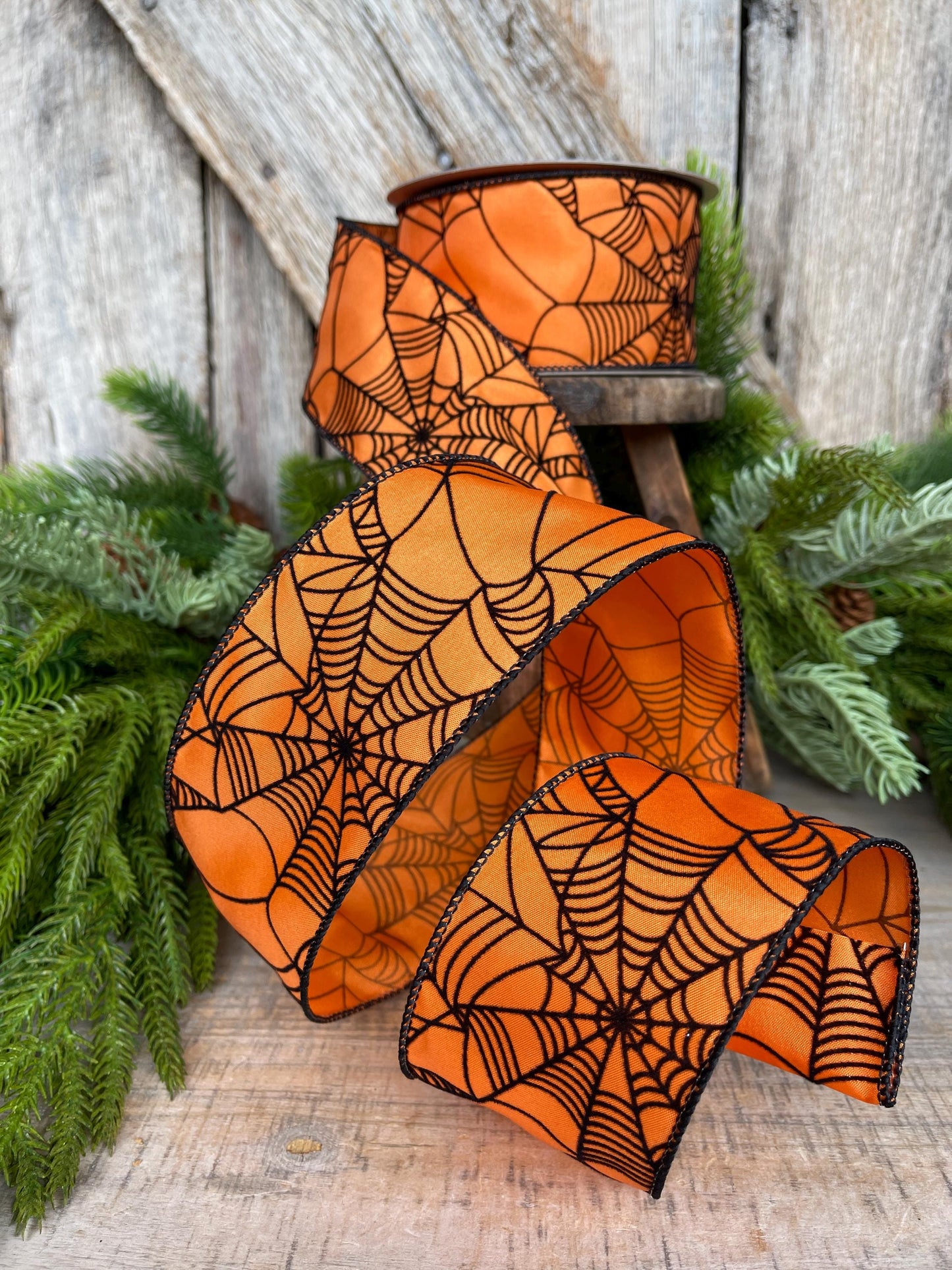 2.5" Orange Spooky Webs Ribbon, Farrisilk Ribbon, Halloween Ribbon, Wired Ribbon, Orange Halloween Ribbon, Spider Web Ribbon, RS145-52