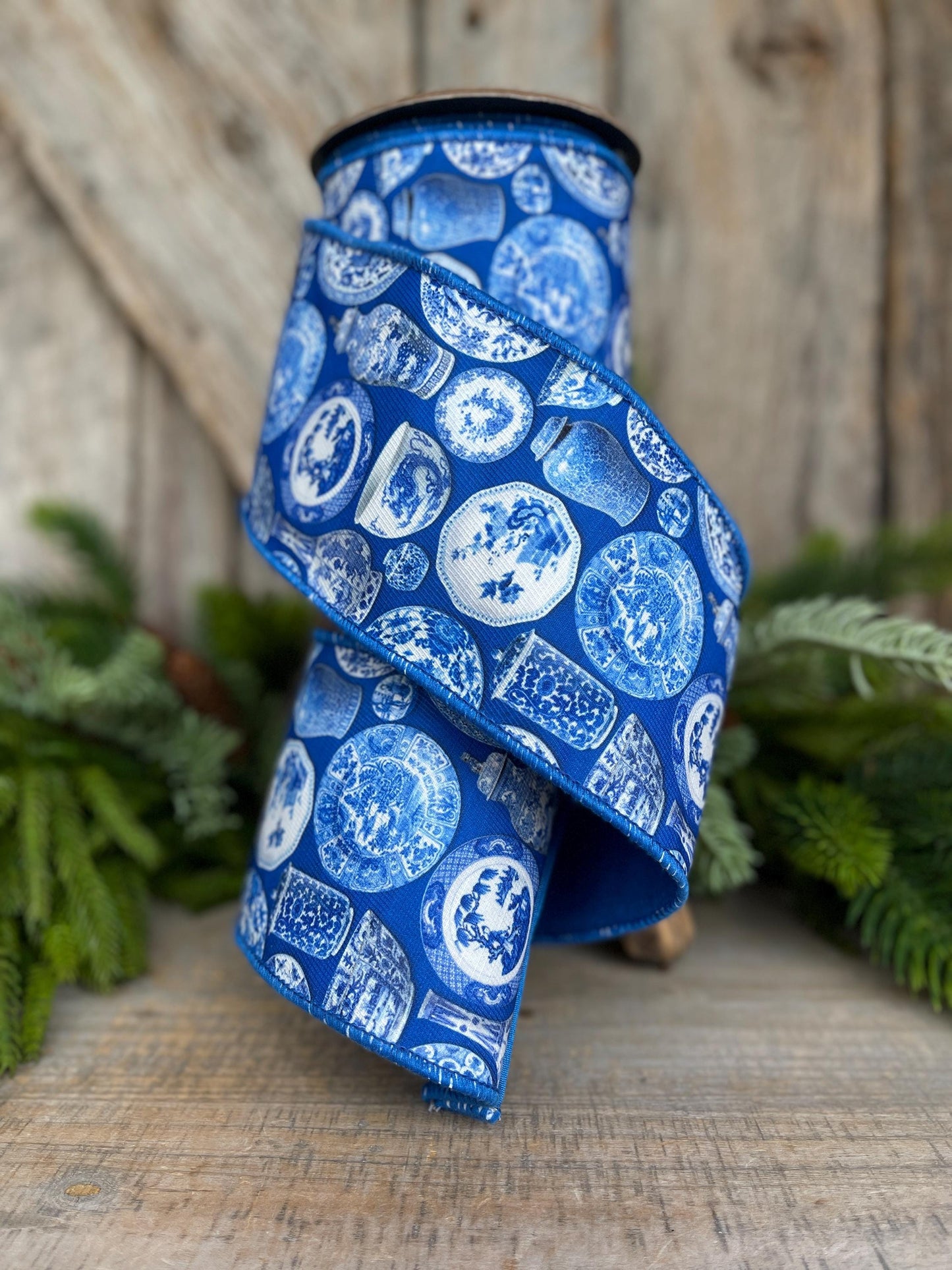4" Blue Chinoiserie Ribbon, Blue and White Chinoiserie Ribbon, Wired RIbbon, Designer RIbbon,, Wreath Supply, 94526W-121-10F