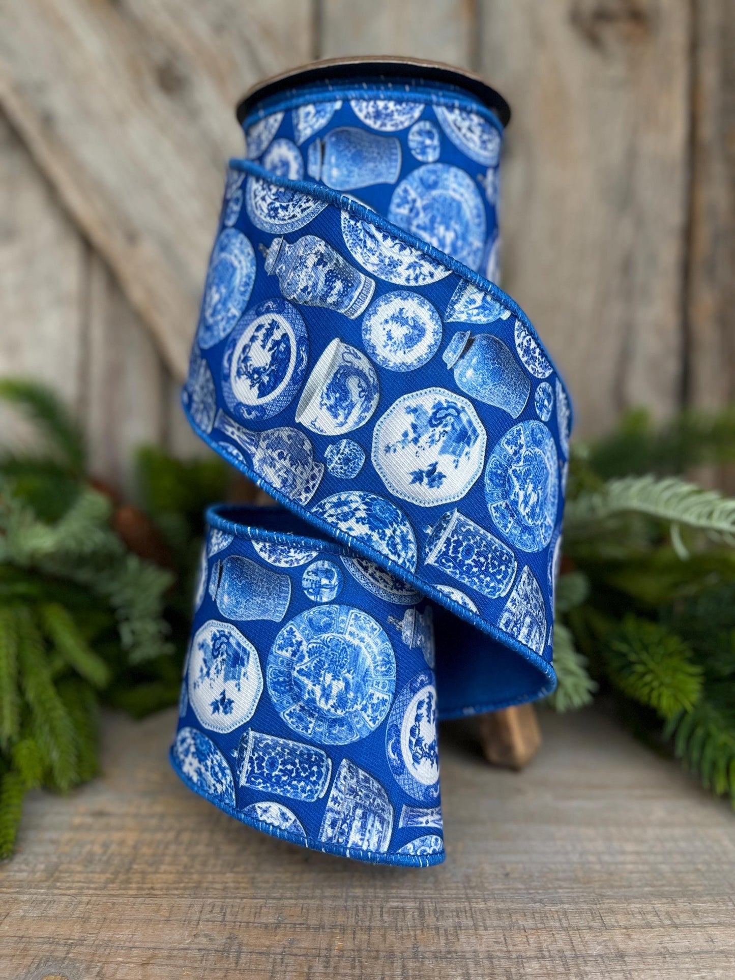 4" Blue Chinoiserie Ribbon, Blue and White Chinoiserie Ribbon, Wired RIbbon, Designer RIbbon,, Wreath Supply, 94526W-121-10F