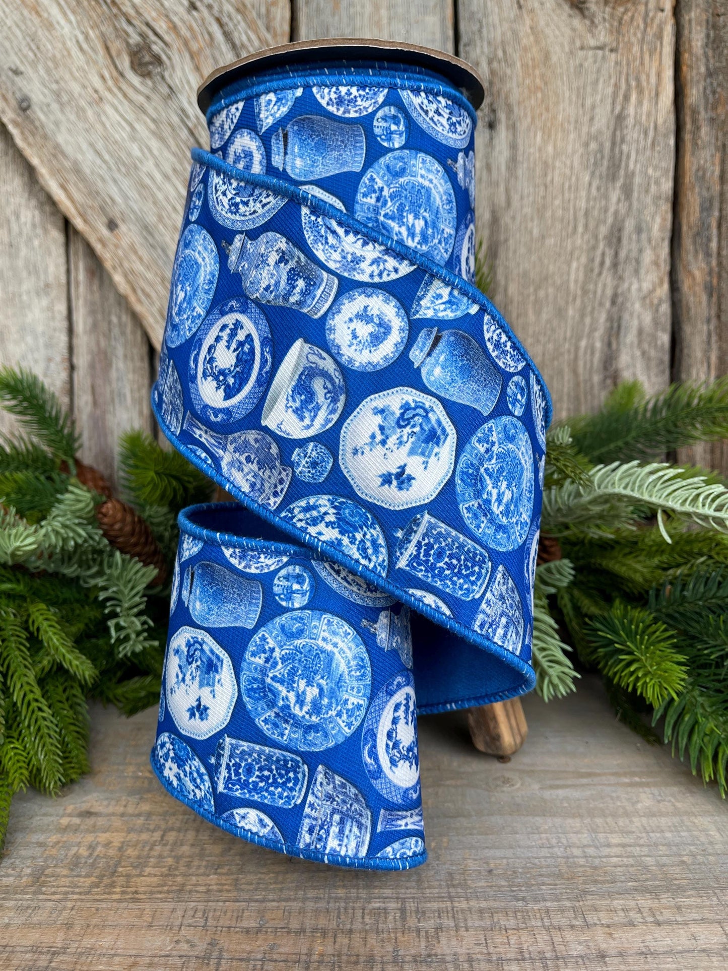 4" Blue Chinoiserie Ribbon, Blue and White Chinoiserie Ribbon, Wired RIbbon, Designer RIbbon,, Wreath Supply, 94526W-121-10F