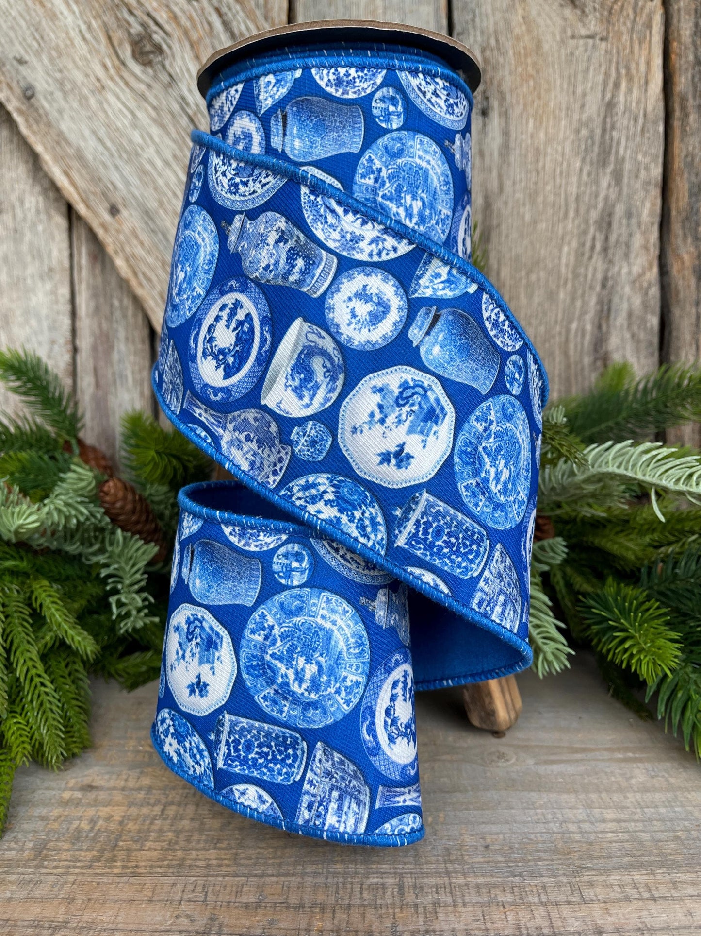 4" Blue Chinoiserie Ribbon, Blue and White Chinoiserie Ribbon, Wired RIbbon, Designer RIbbon,, Wreath Supply, 94526W-121-10F