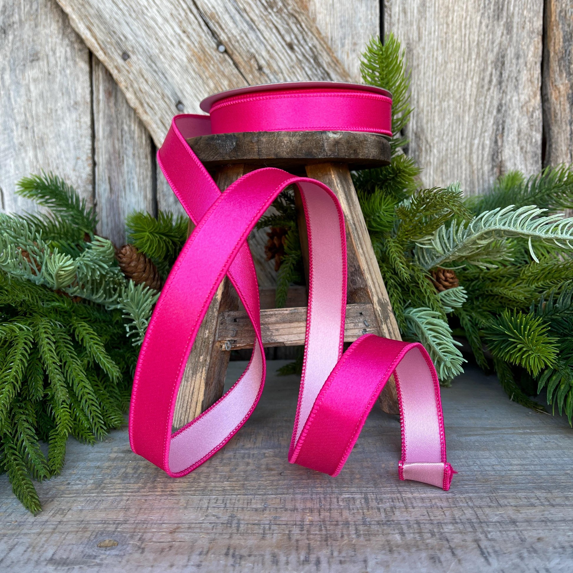 1" Hot Pink Light Pink Wired Satin Ribbon, Farrisilk Ribbon, Duo Satin Ribbon