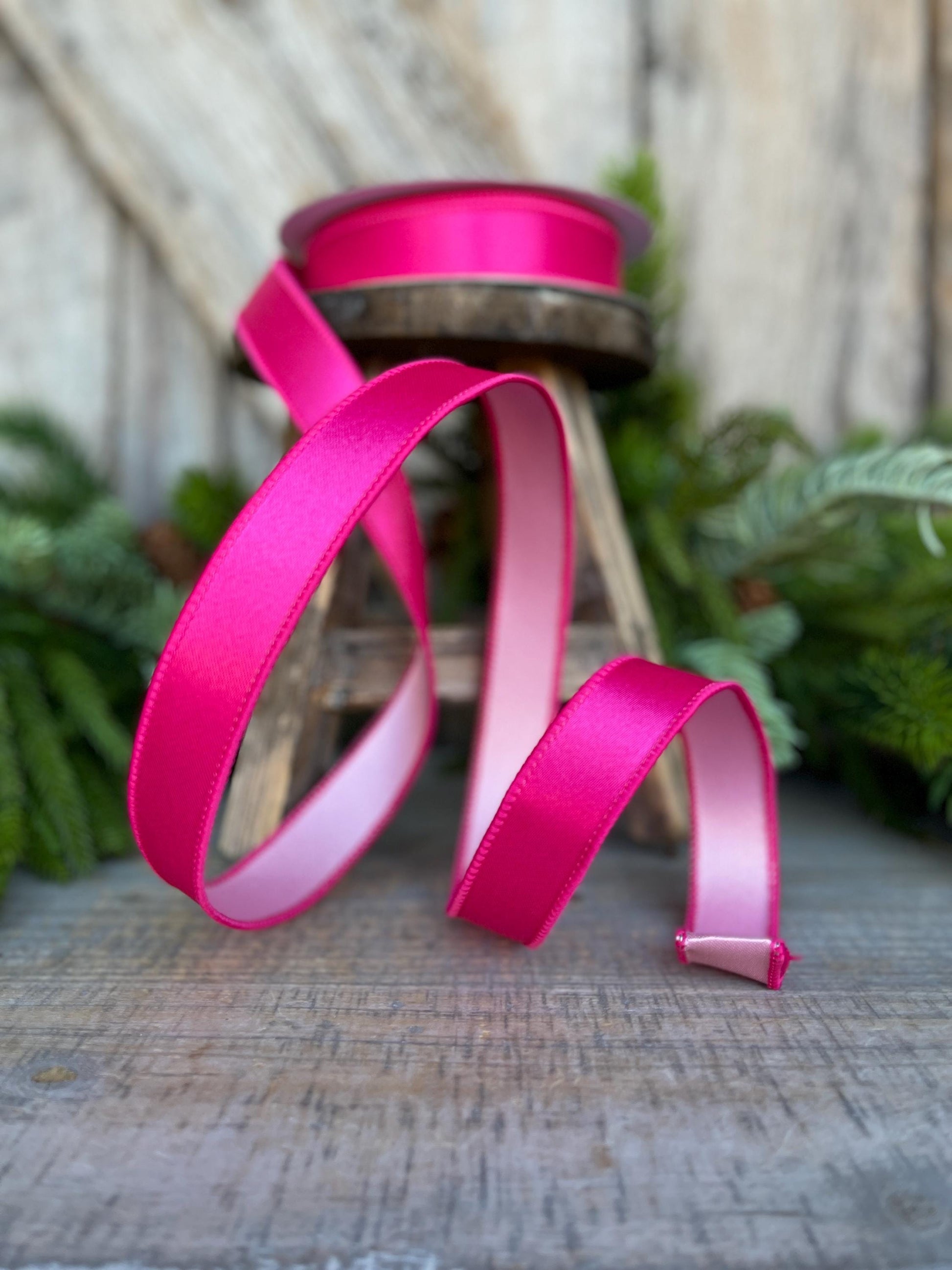 1" Hot Pink Light Pink Wired Satin Ribbon, Farrisilk Ribbon, Duo Satin Ribbon