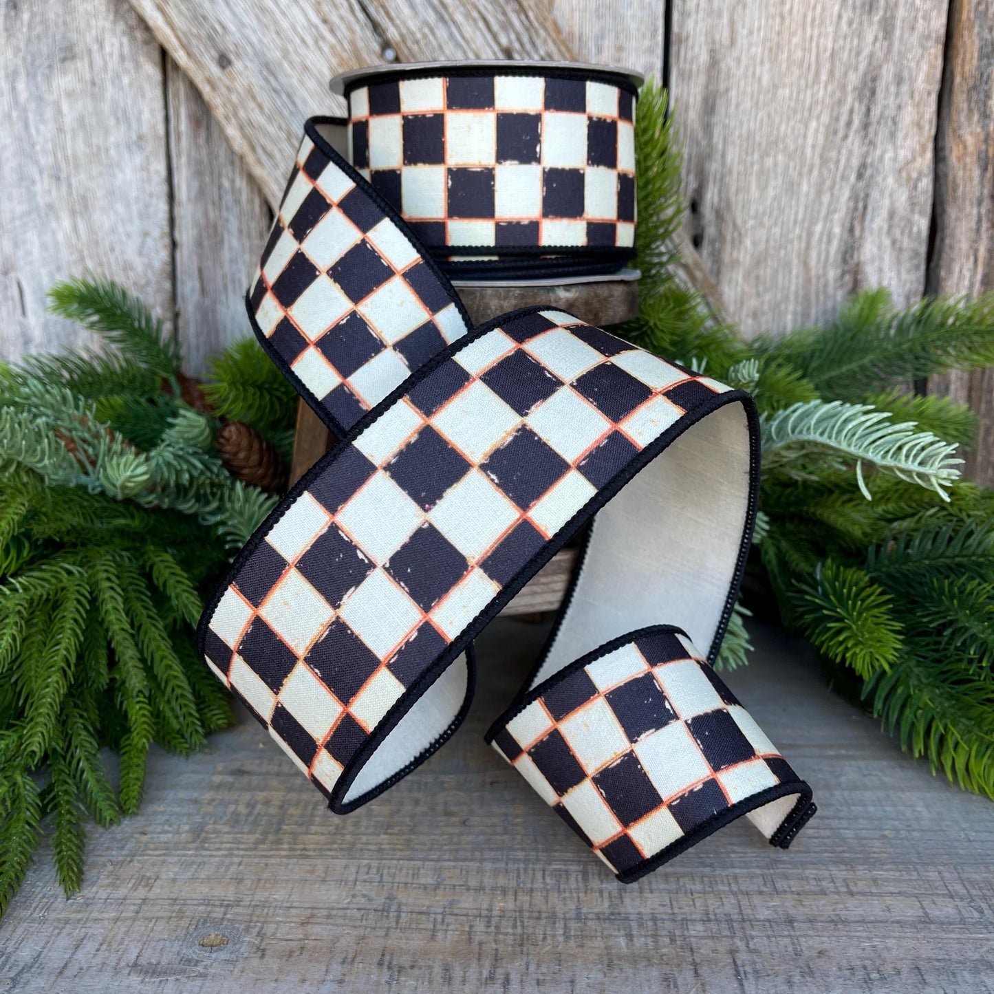 2.5" Black White Galery Checkered Ribbon, Wired Ribbon, Farrisilk Ribbon, Black White Check Ribbon, SR008-92