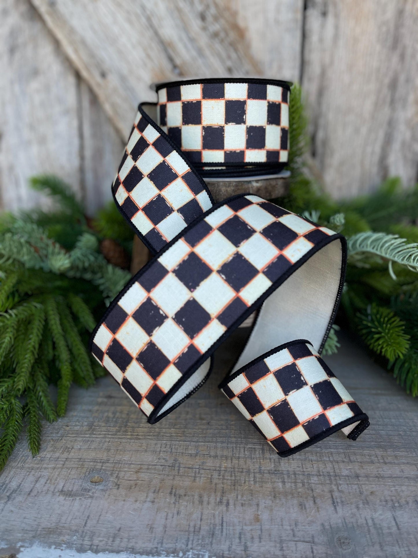 2.5" Black White Galery Checkered Ribbon, Wired Ribbon, Farrisilk Ribbon, Black White Check Ribbon, SR008-92