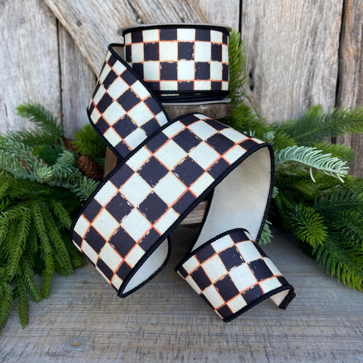 2.5" Black White Galery Checkered Ribbon, Wired Ribbon, Farrisilk Ribbon, Black White Check Ribbon, SR008-92