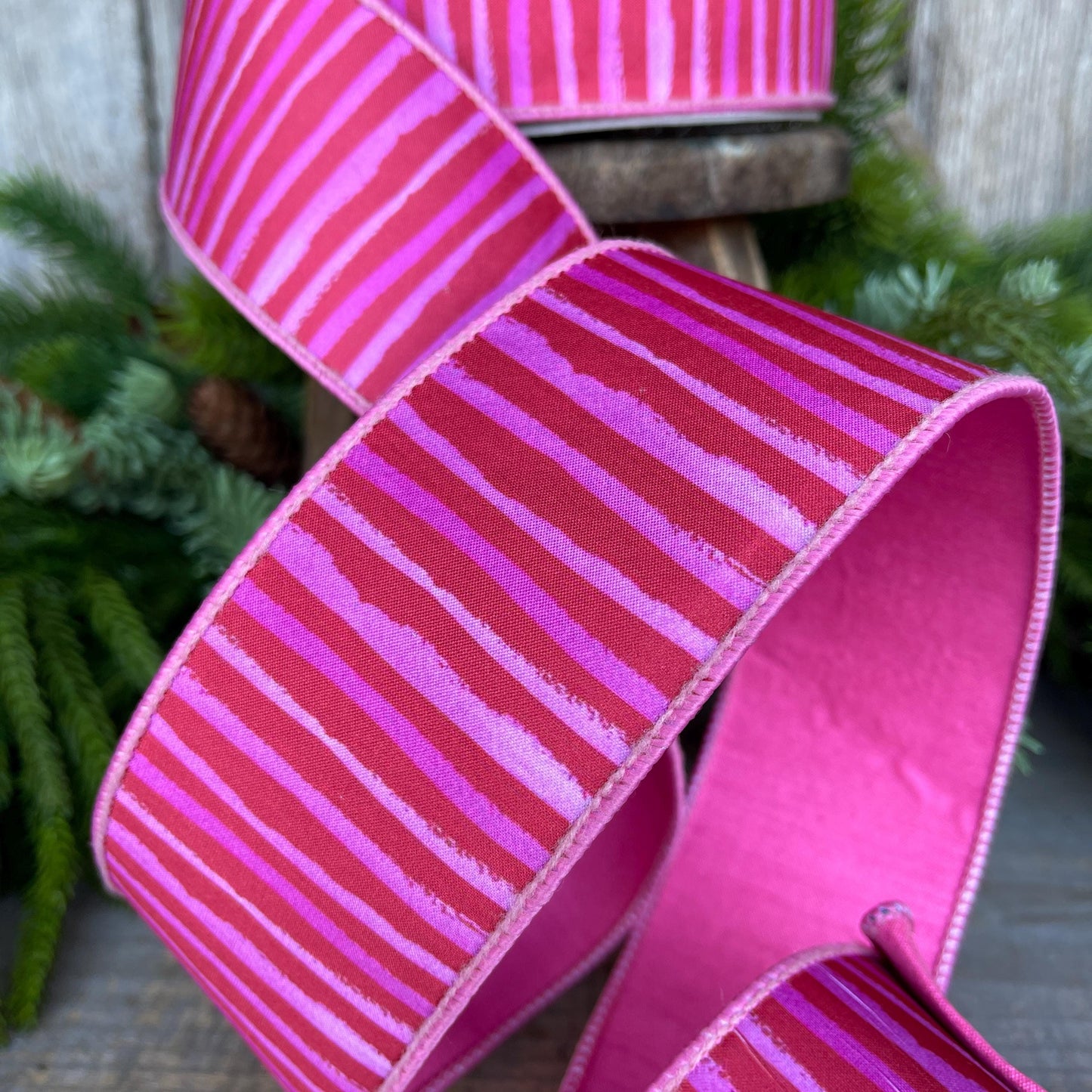 2.5" Red Pink Stripe Ribbon, Farrisilk Ribbon, Wired Ribbon, Red Bristle Stripes Ribbon, Spring Ribbon, Striped Ribbon, SR079-02