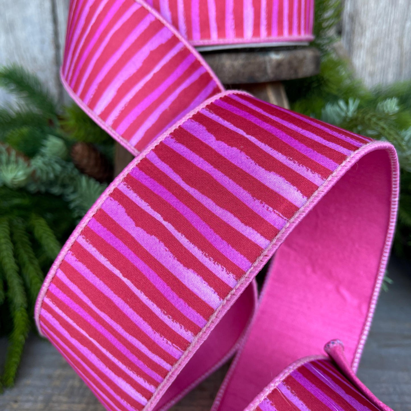 2.5" Red Pink Stripe Ribbon, Farrisilk Ribbon, Wired Ribbon