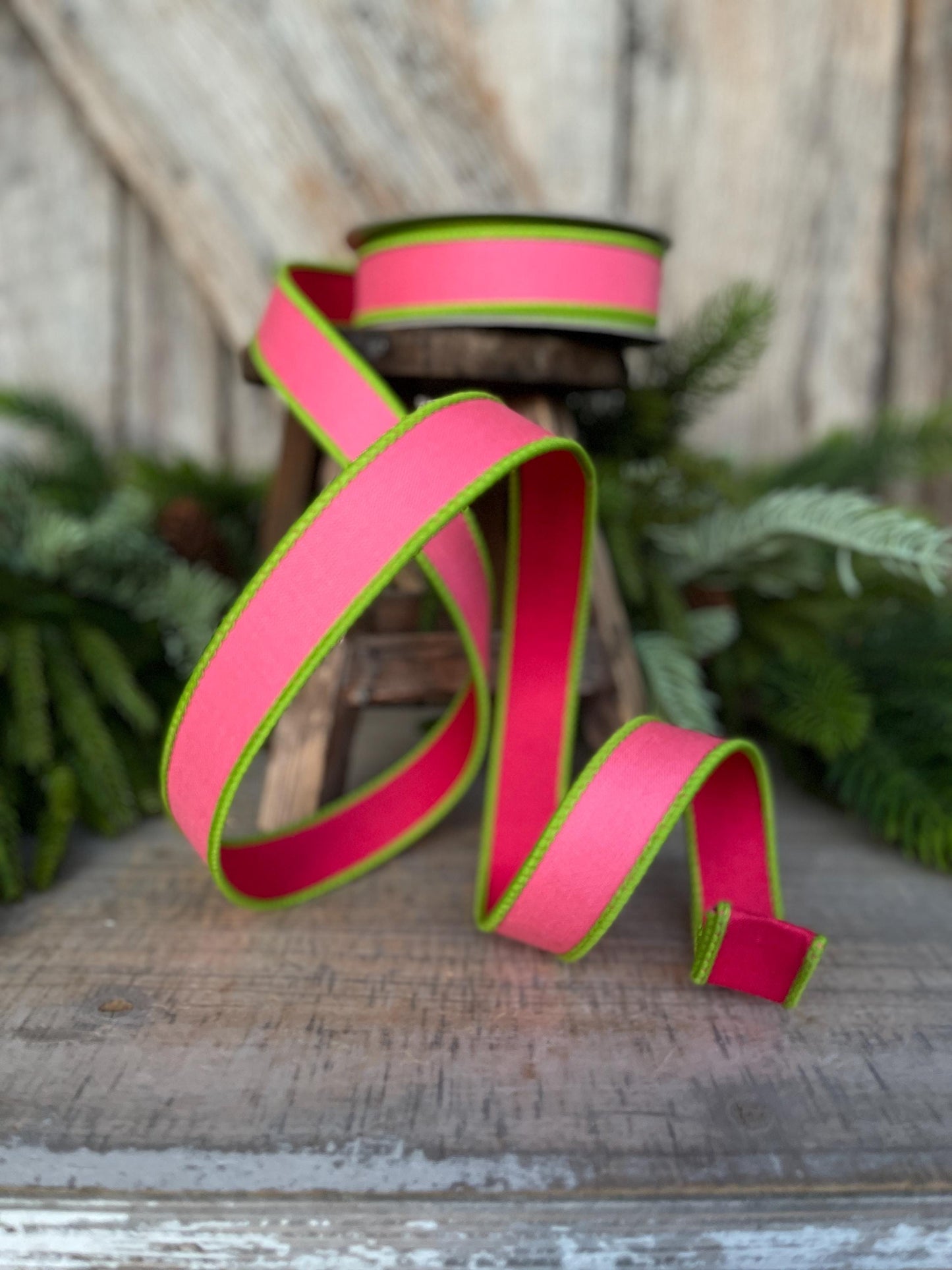1" Pink Lime Green Ribbon, Farrisilk Ribbon, Wired Ribbon, Pretty Pastel Ribbon, 2 tone ribbon, narrow ribbon, SR117-74