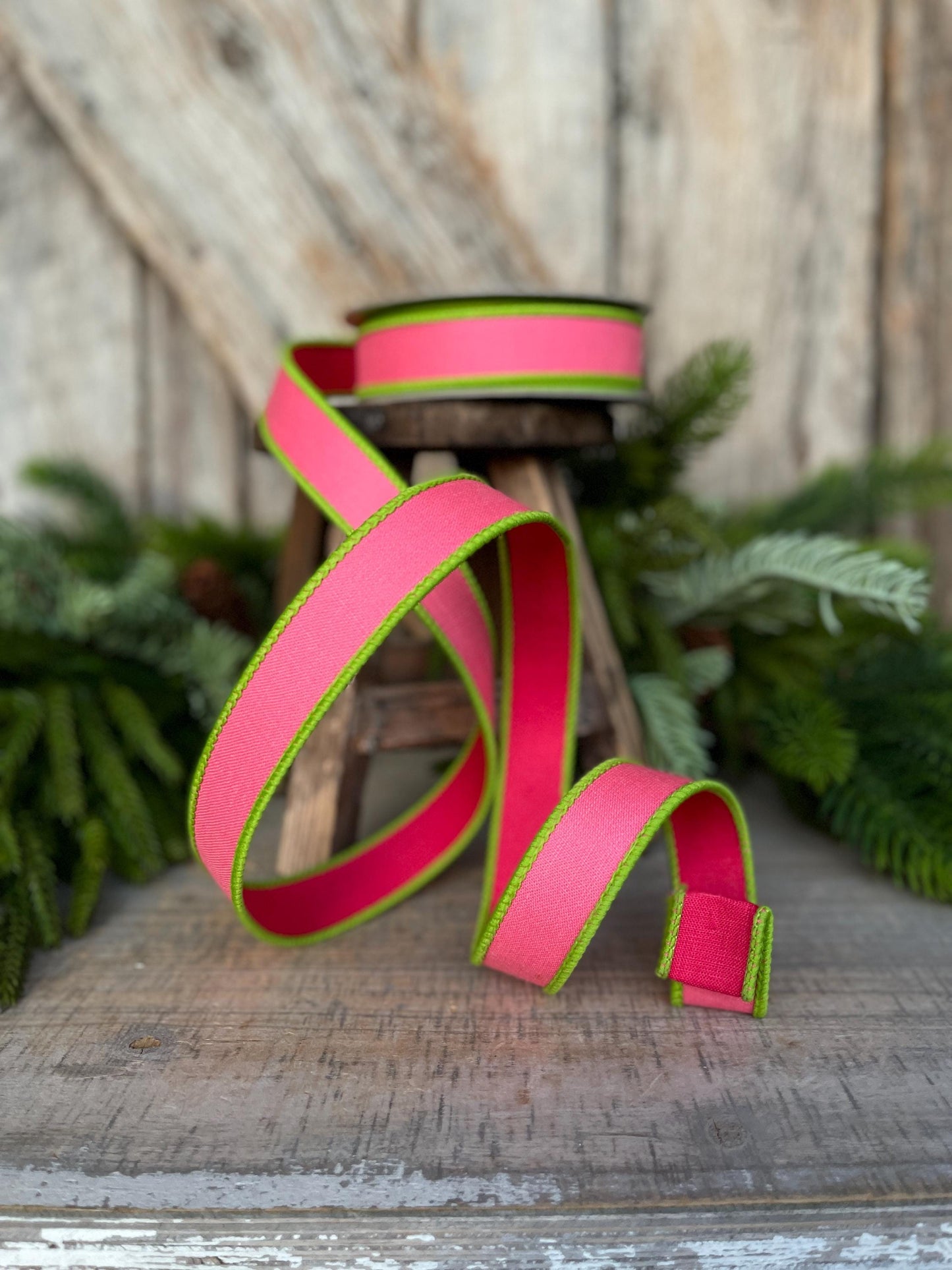 1" Pink Lime Green Ribbon, Farrisilk Ribbon, Wired Ribbon, Pretty Pastel Ribbon, 2 tone ribbon, narrow ribbon, SR117-74