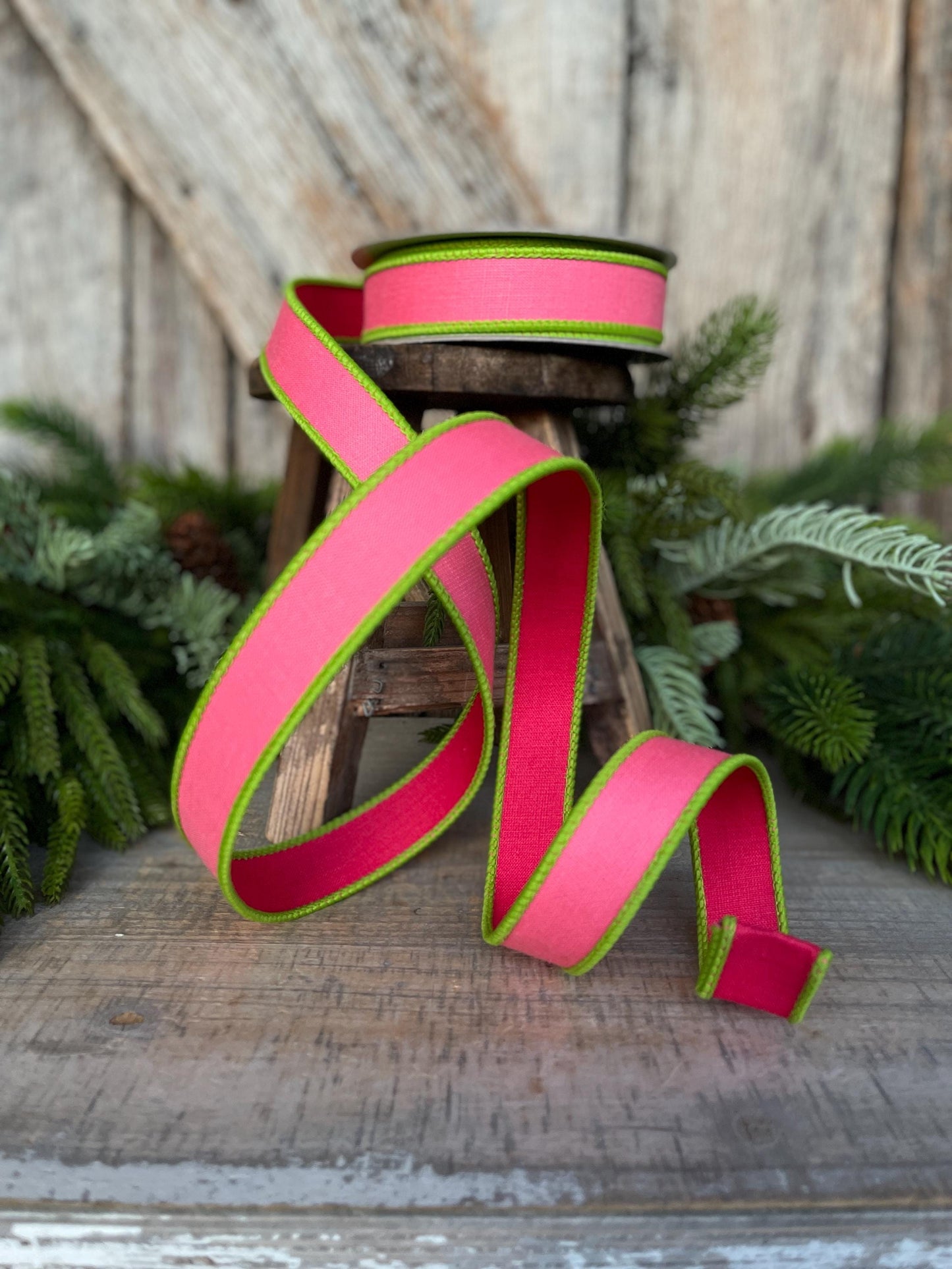 1" Pink Lime Green Ribbon, Farrisilk Ribbon, Wired Ribbon, Pretty Pastel Ribbon, 2 tone ribbon, narrow ribbon, SR117-74
