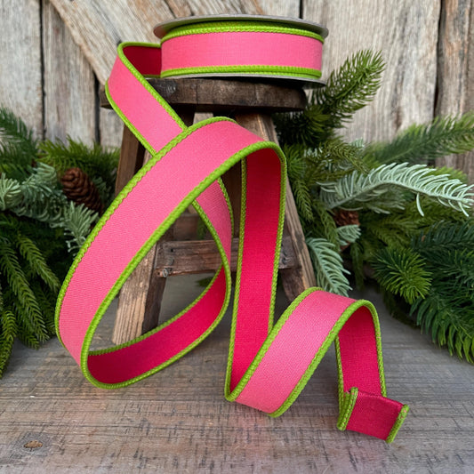 1" Pink Lime Green Ribbon, Farrisilk Ribbon, Wired Ribbon