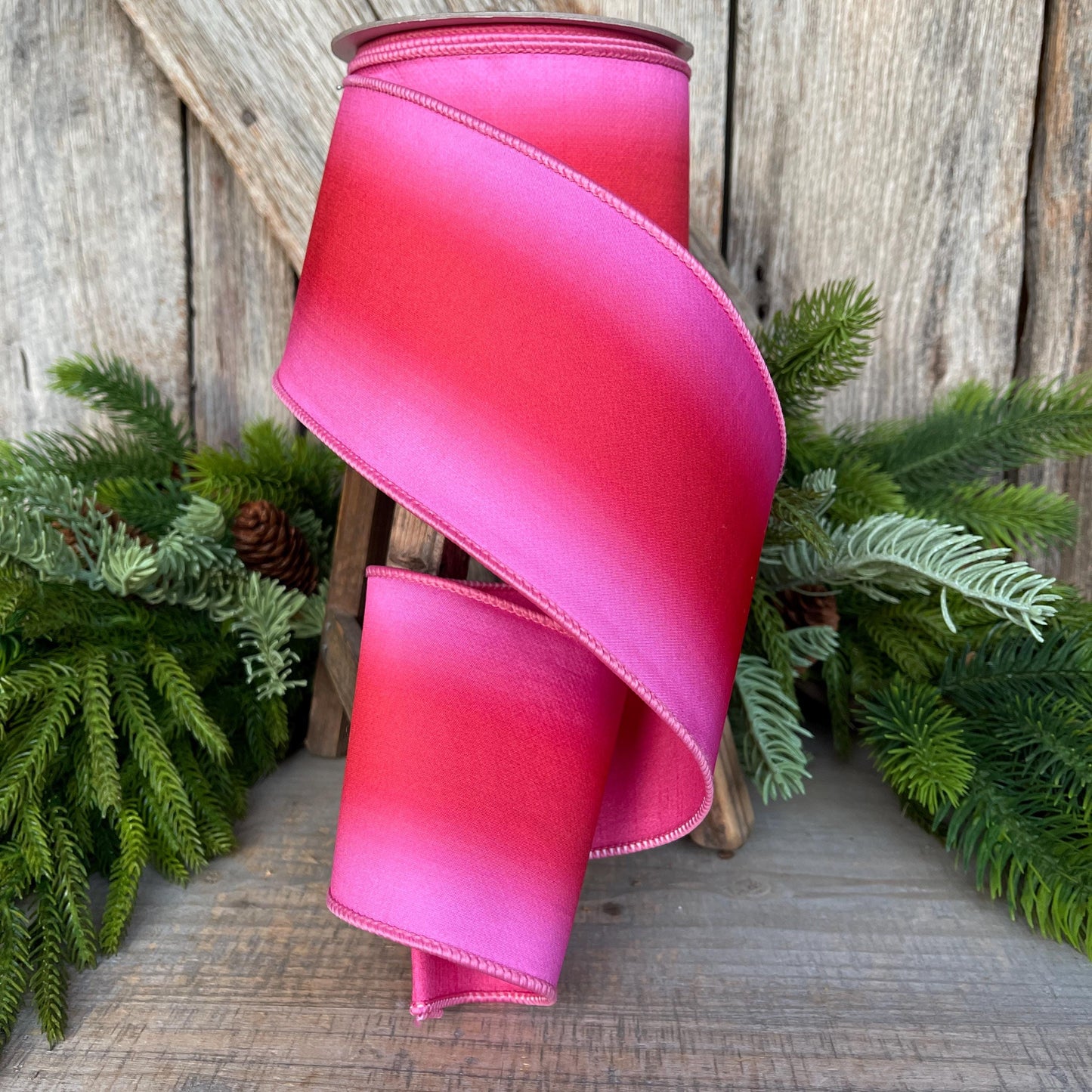 4" Red Pink Ombre Ribbon, Farrisilk RIbbon, Pink Wired RIbbon