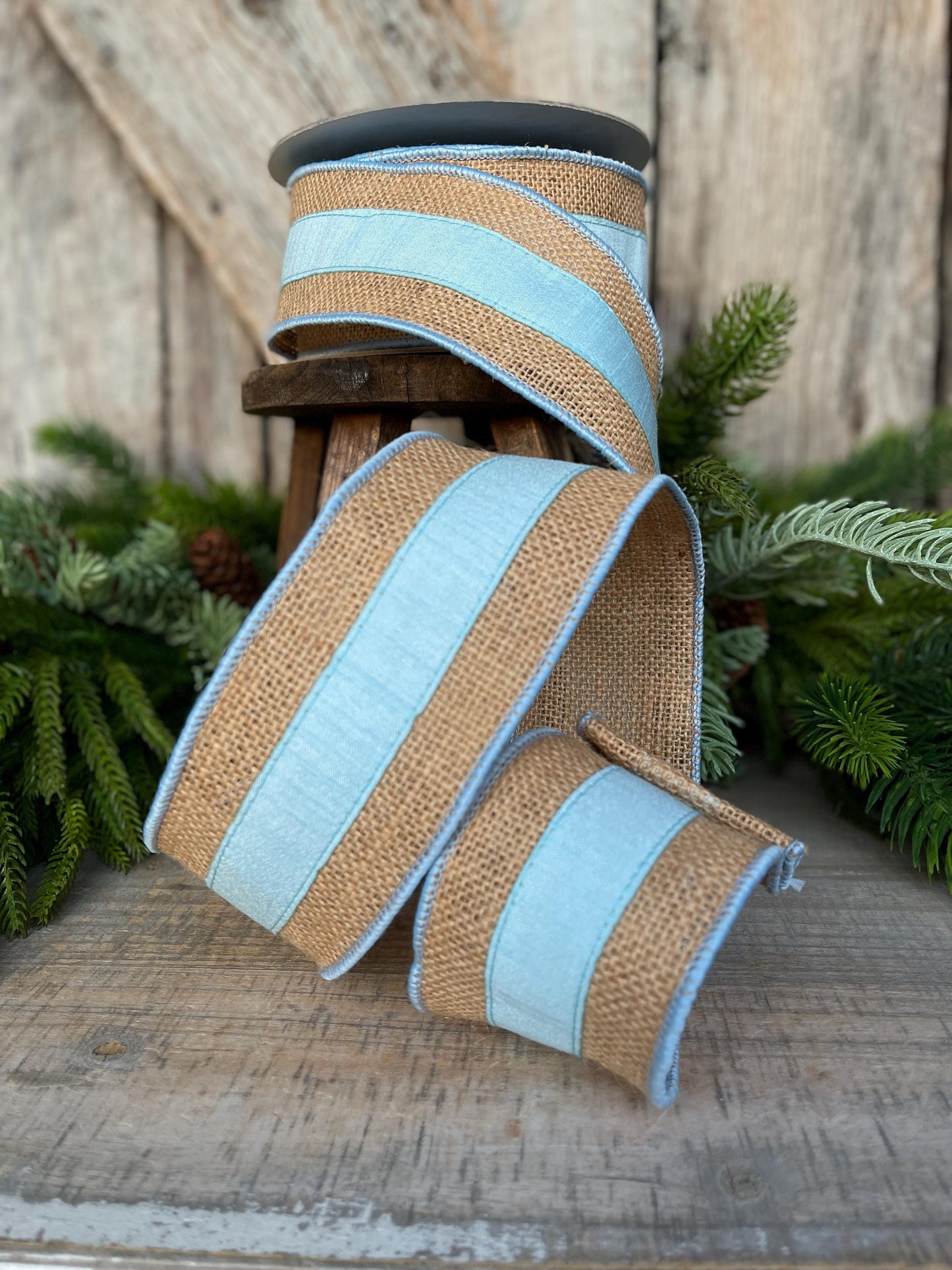 2.5" Light Blue Burlap Border Ribbon, Farrisilk Ribbon, Wired Ribbon, Light Blue Ribbon, Burlap Ribbon, SR094-16