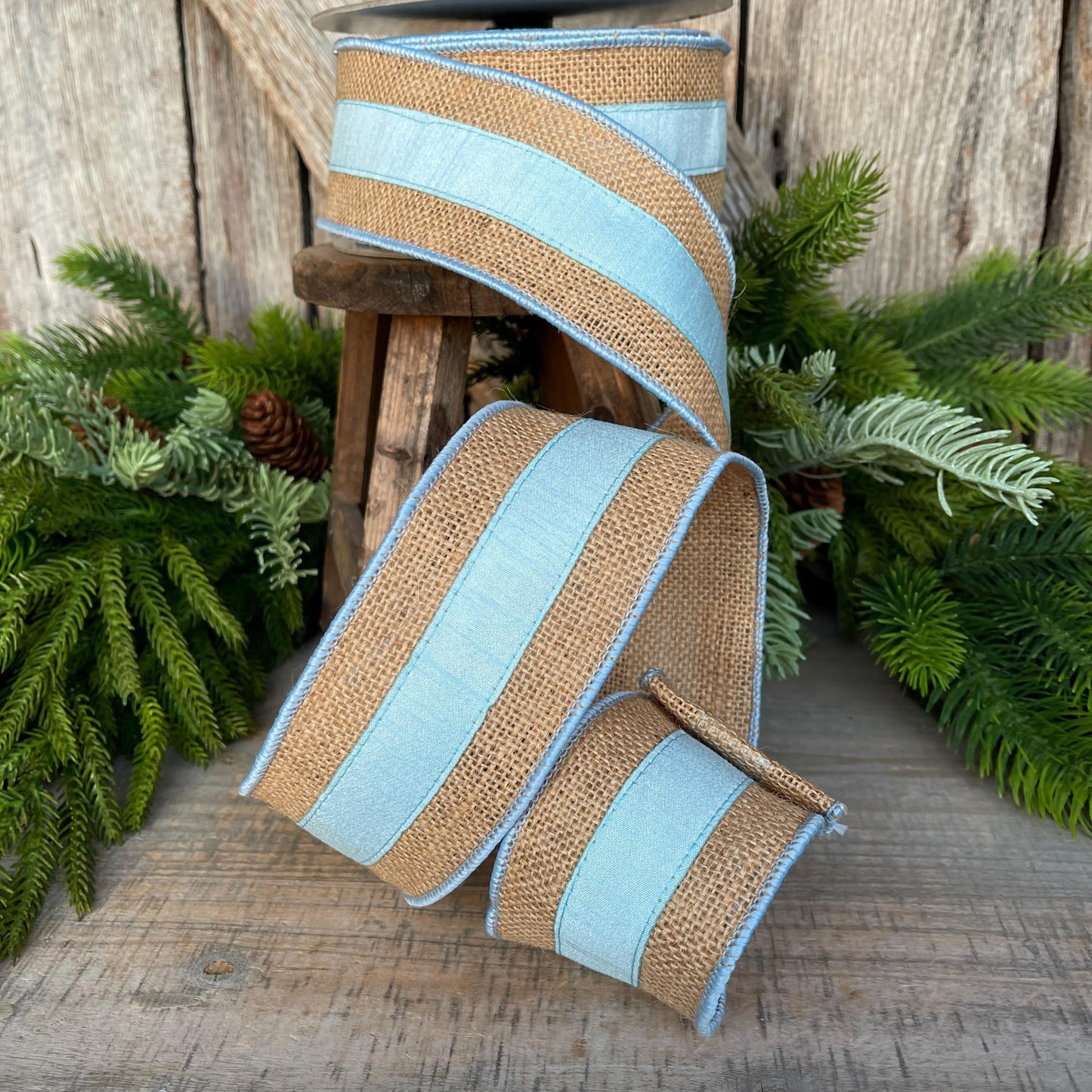2.5" Light Blue Burlap Border Ribbon, Farrisilk Ribbon, Wired Ribbon, Light Blue Ribbon, Burlap Ribbon, SR094-16