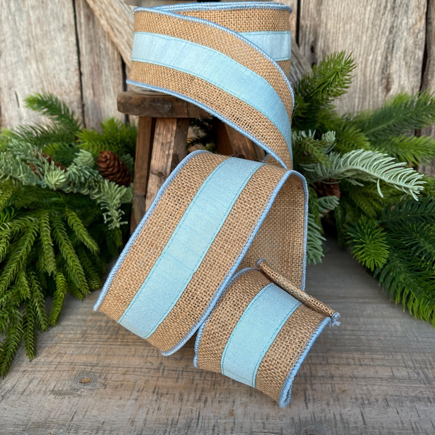 2.5" Light Blue Burlap Border Ribbon, Farrisilk Ribbon, Wired Ribbon, Light Blue Ribbon, Burlap Ribbon, SR094-16