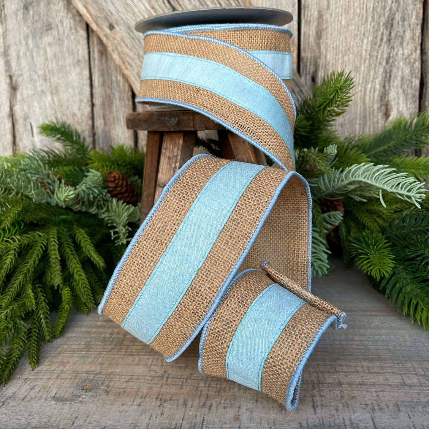 2.5" Light Blue Burlap Border Ribbon, Farrisilk Ribbon, Wired Ribbon