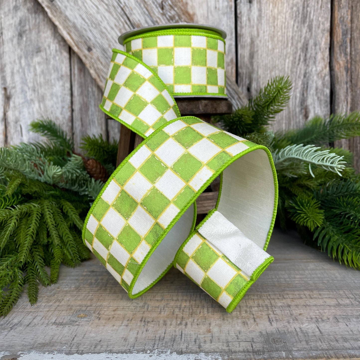 2.5" Lime Green Check Ribbon, Wired Ribbon, Farrisilk Ribbon, Lime Green White Check Ribbon, SR008-61