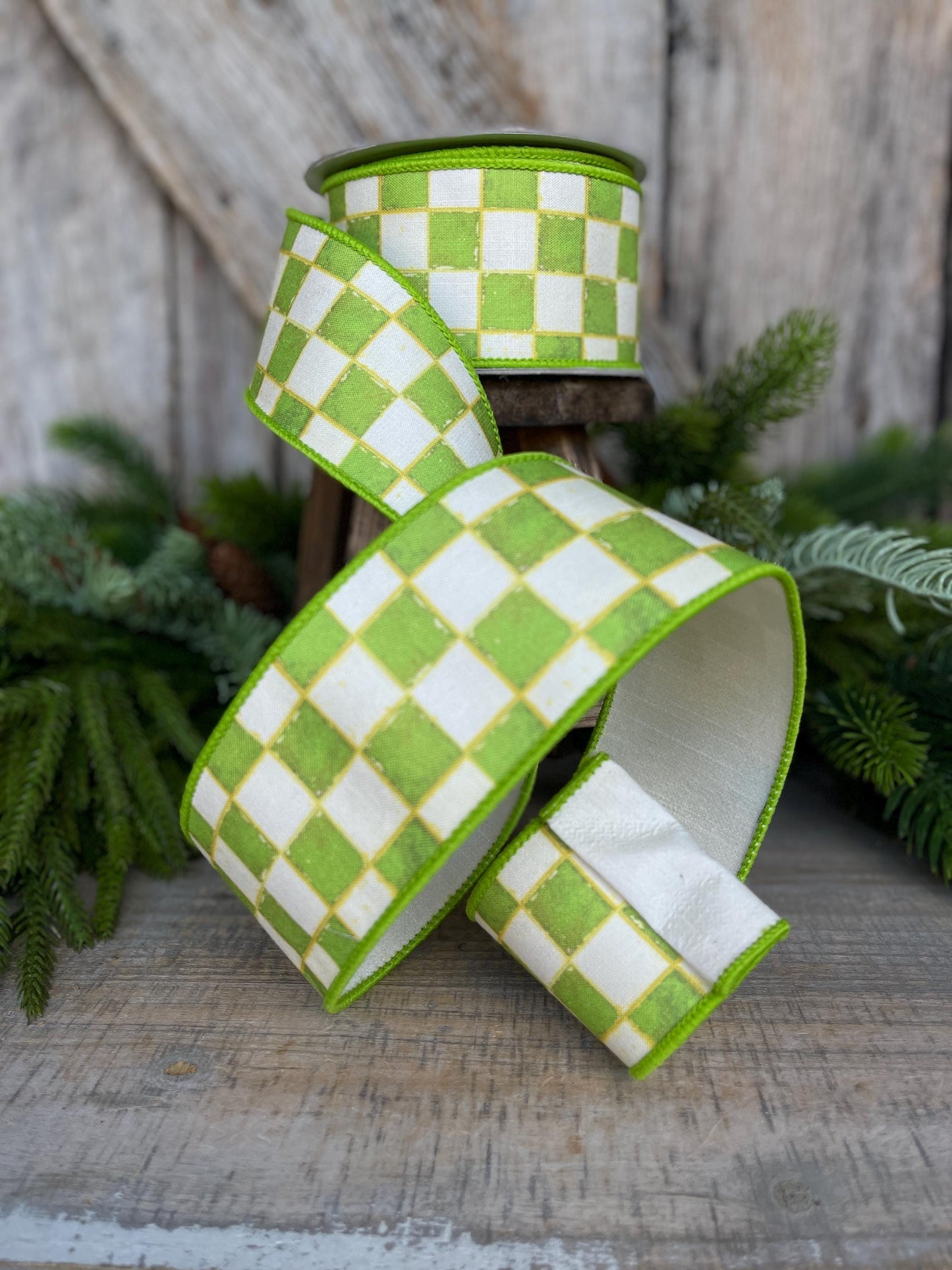 2.5" Lime Green Check Ribbon, Wired Ribbon, Farrisilk Ribbon, Lime Green White Check Ribbon, SR008-61