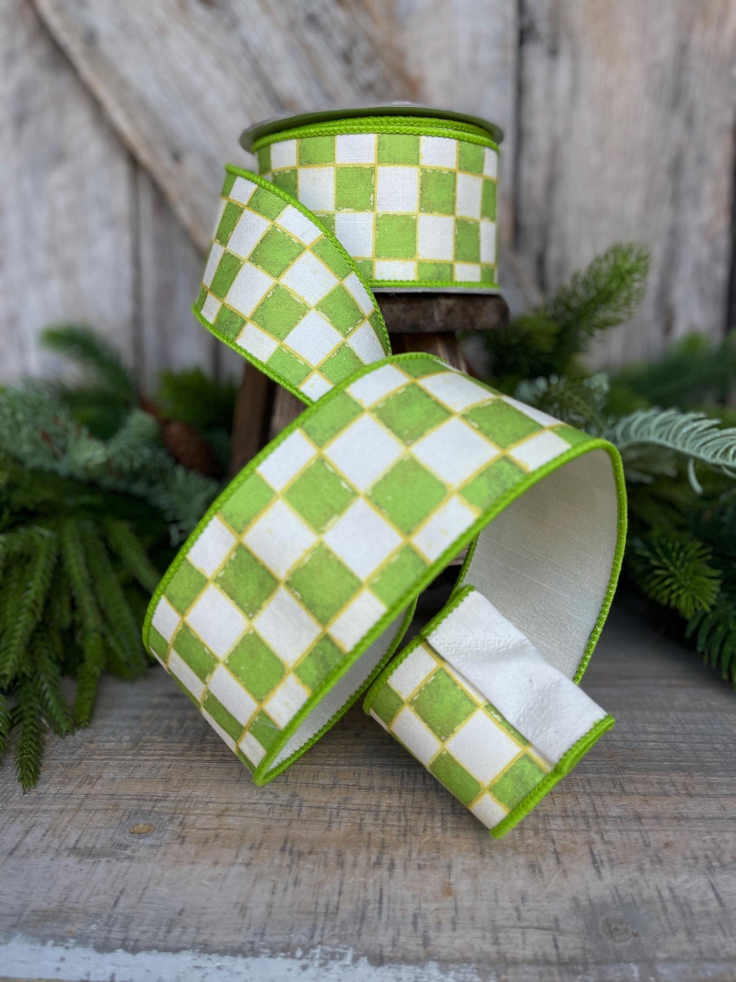 2.5" Lime Green Check Ribbon, Wired Ribbon, Farrisilk Ribbon, Lime Green White Check Ribbon, SR008-61