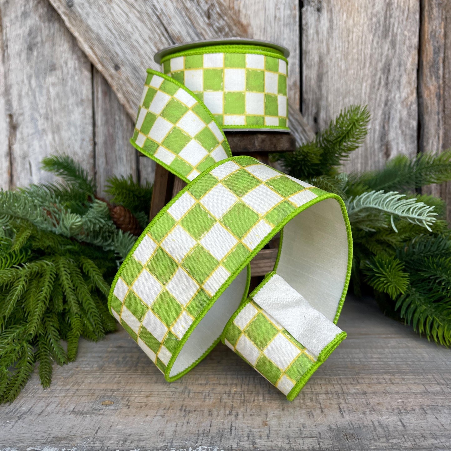 2.5" Lime Green Check Ribbon, Wired Ribbon, Farrisilk Ribbon, Lime Green White Check Ribbon, SR008-61