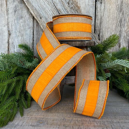 2.5" Orange Burlap Border Ribbon, Farrisilk Ribbon, Wired Ribbon